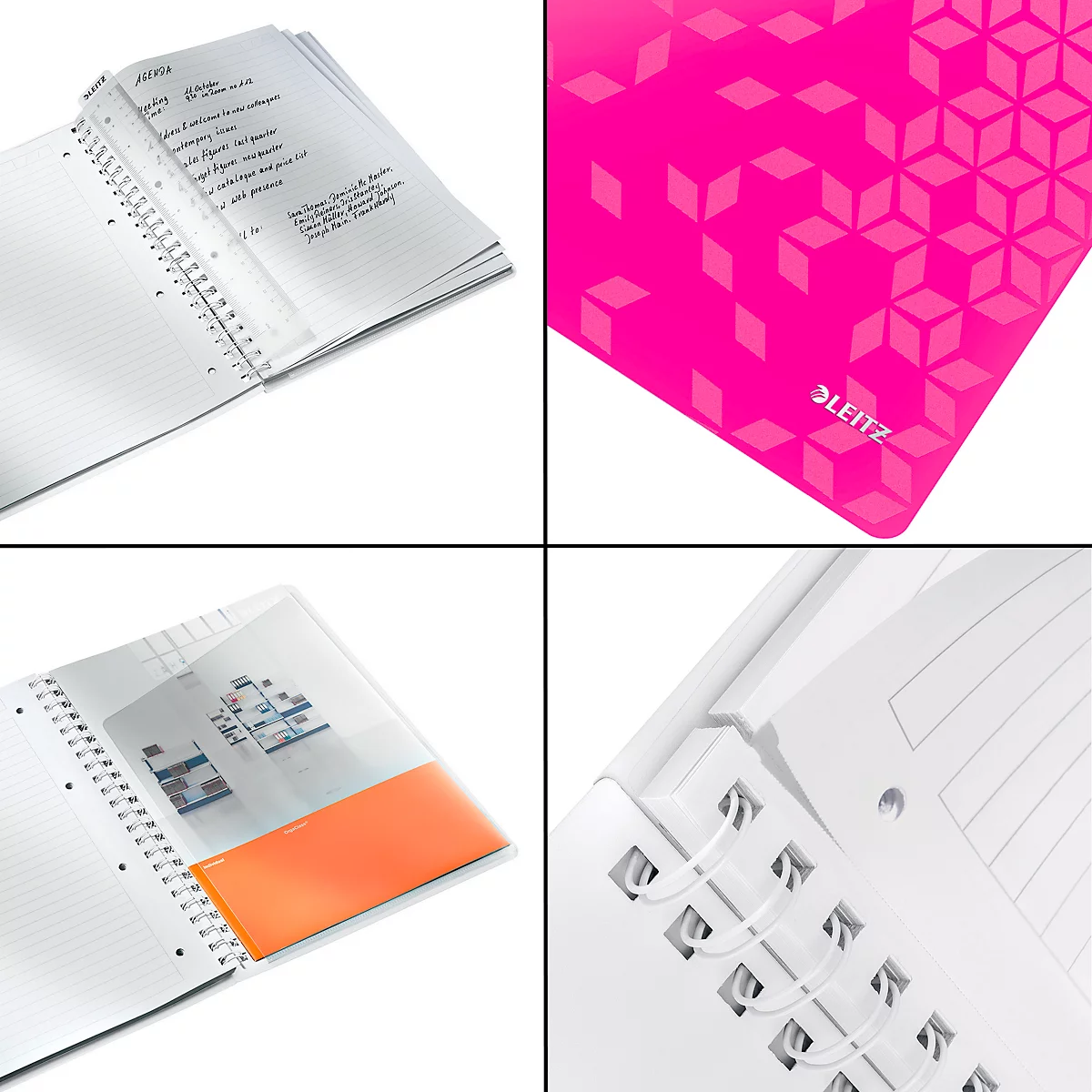 Collage van Leitz-producten: notitieboek, schrijfblok, brochurehouder en details van de spiraalbinding.