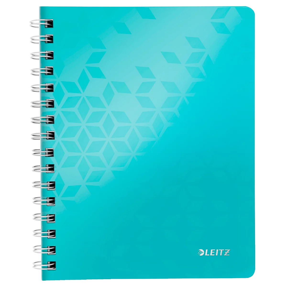 Turquoise spiraalgebonden notitieboek. Een patroon van lichte geometrische vormen linksboven. 'LEITZ' staat rechtsonder.