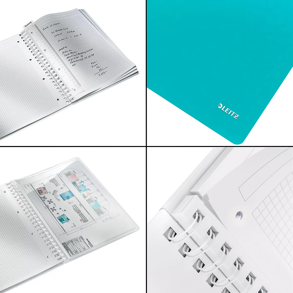Vierkant collage van diverse opnamen van notebooks, spiraalbinding, blauw en tekst. Op een element staat "LEITZ".