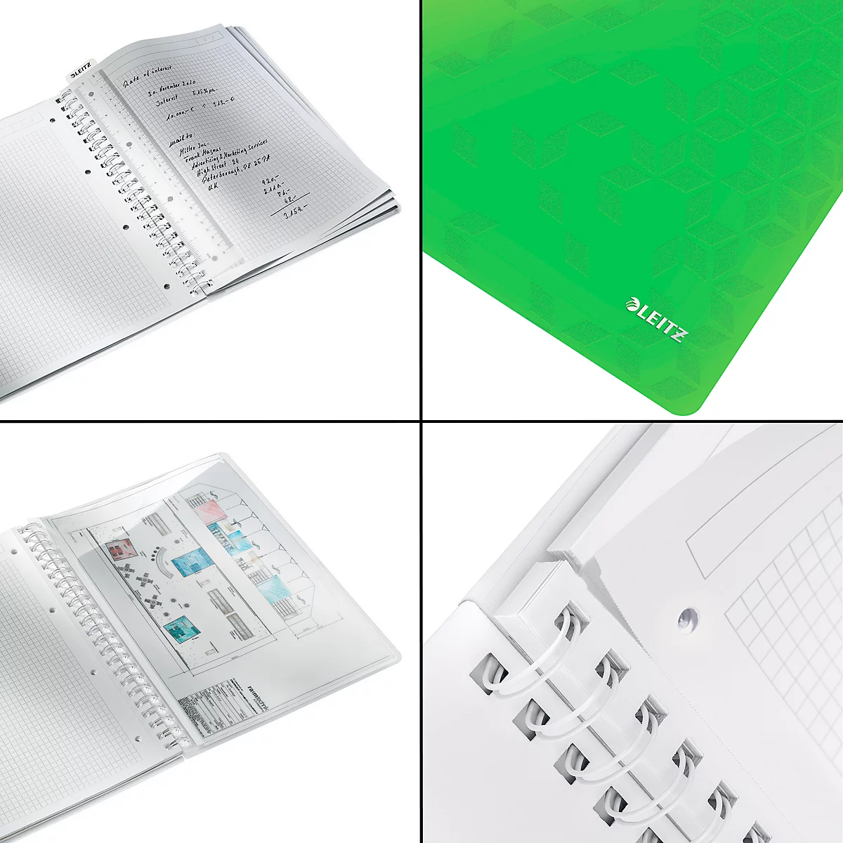 Vierkante beeldsecties: spiraalgebonden notitieboek, groene kaft met LEITZ-logo, notitieboek met gekleurde afbeeldingen, detail van de spiraalbinding.