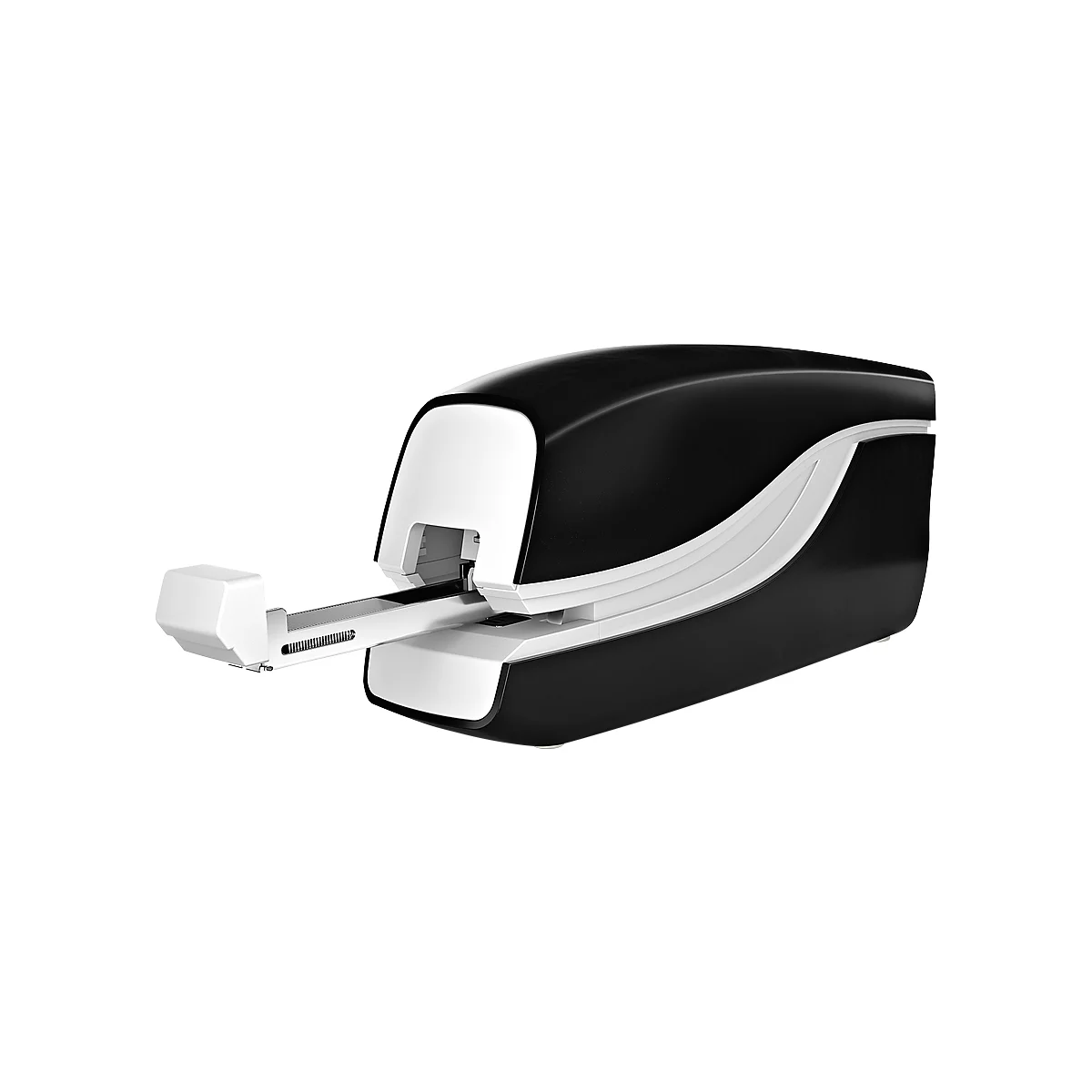 Black and white data capture device. A white arm is extended. Rounded shape with curved white decorative elements.