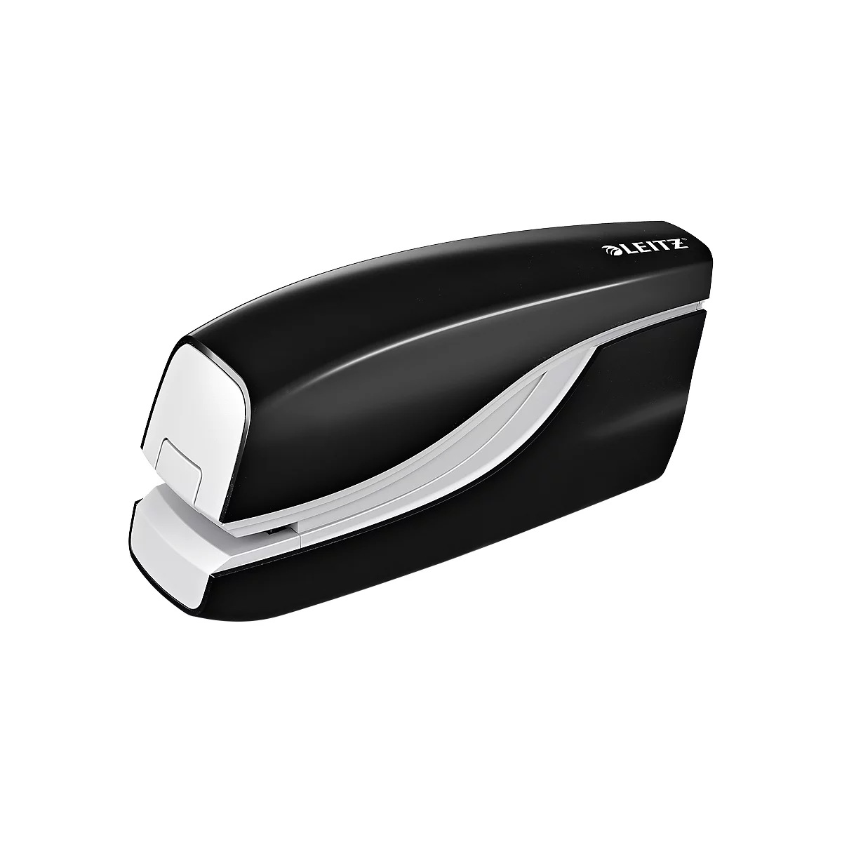 Black stapler of the Leitz brand. Top shiny, bottom white. The logo is visible on the top.