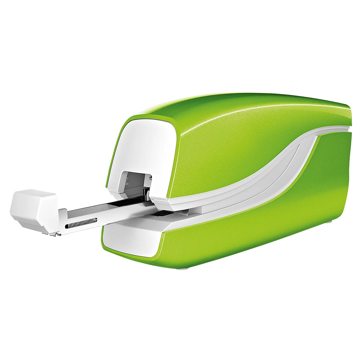 Green stapler with white accent line, detail shot.