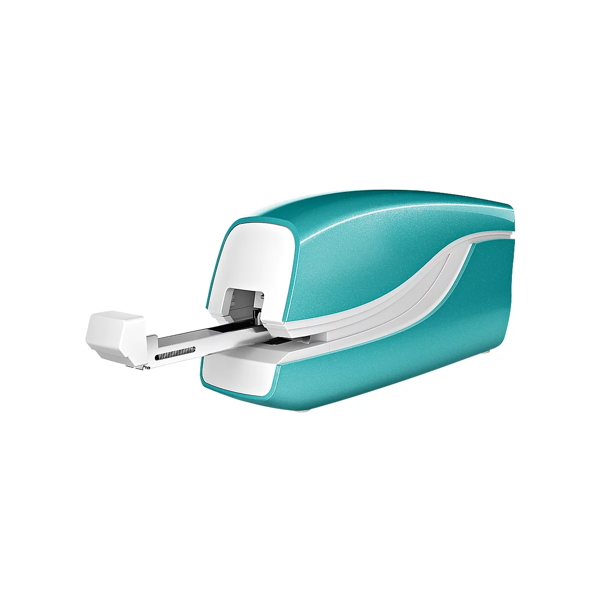 Blue and white scanner. The scanner has an elongated shape with an opening and a retractable arm.