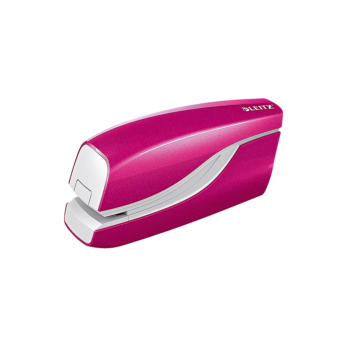A pink stapler with white accent. The Leitz logo is visible in the top right corner.