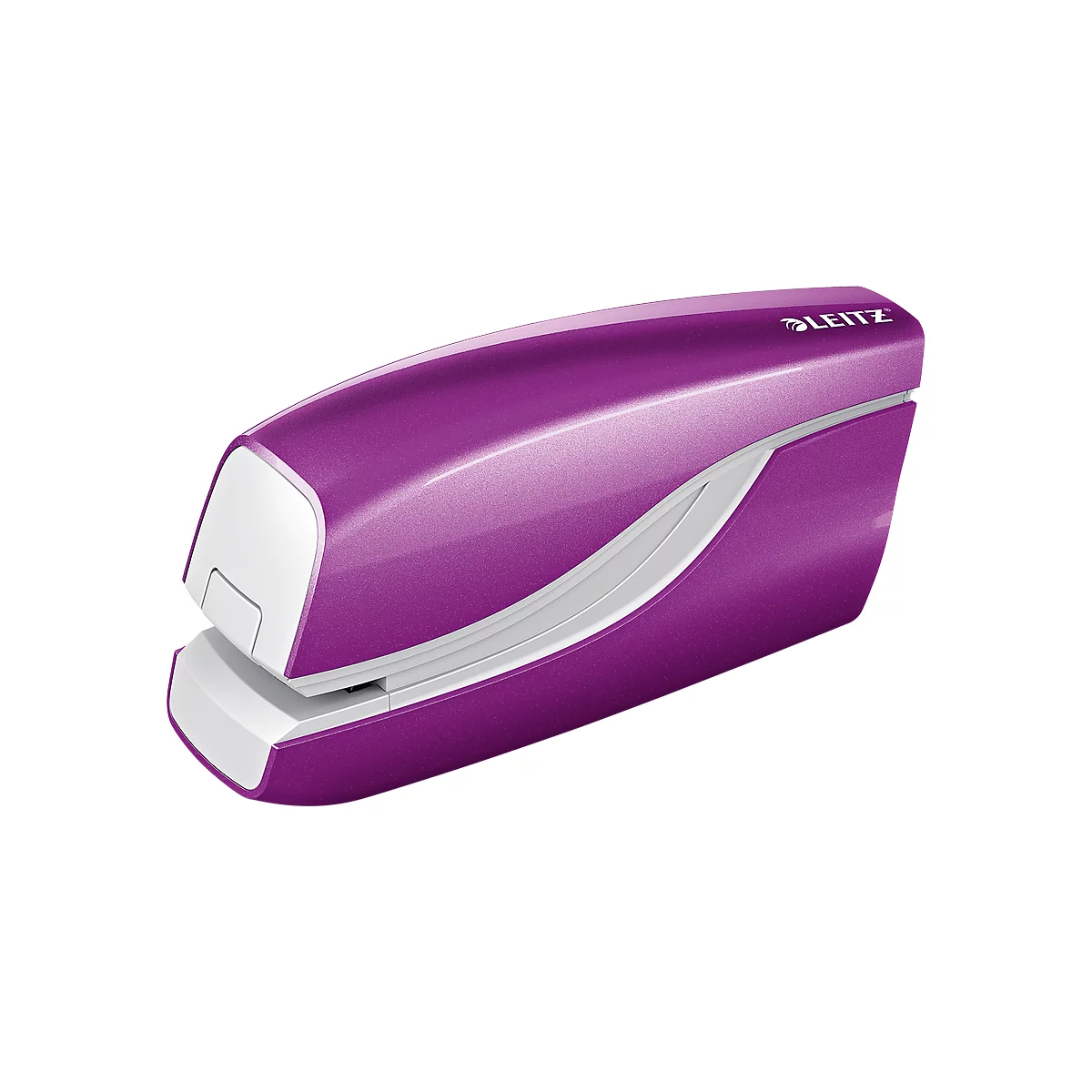 A purple stapler, by Leitz. The stapler has an elegant shape with white accents.