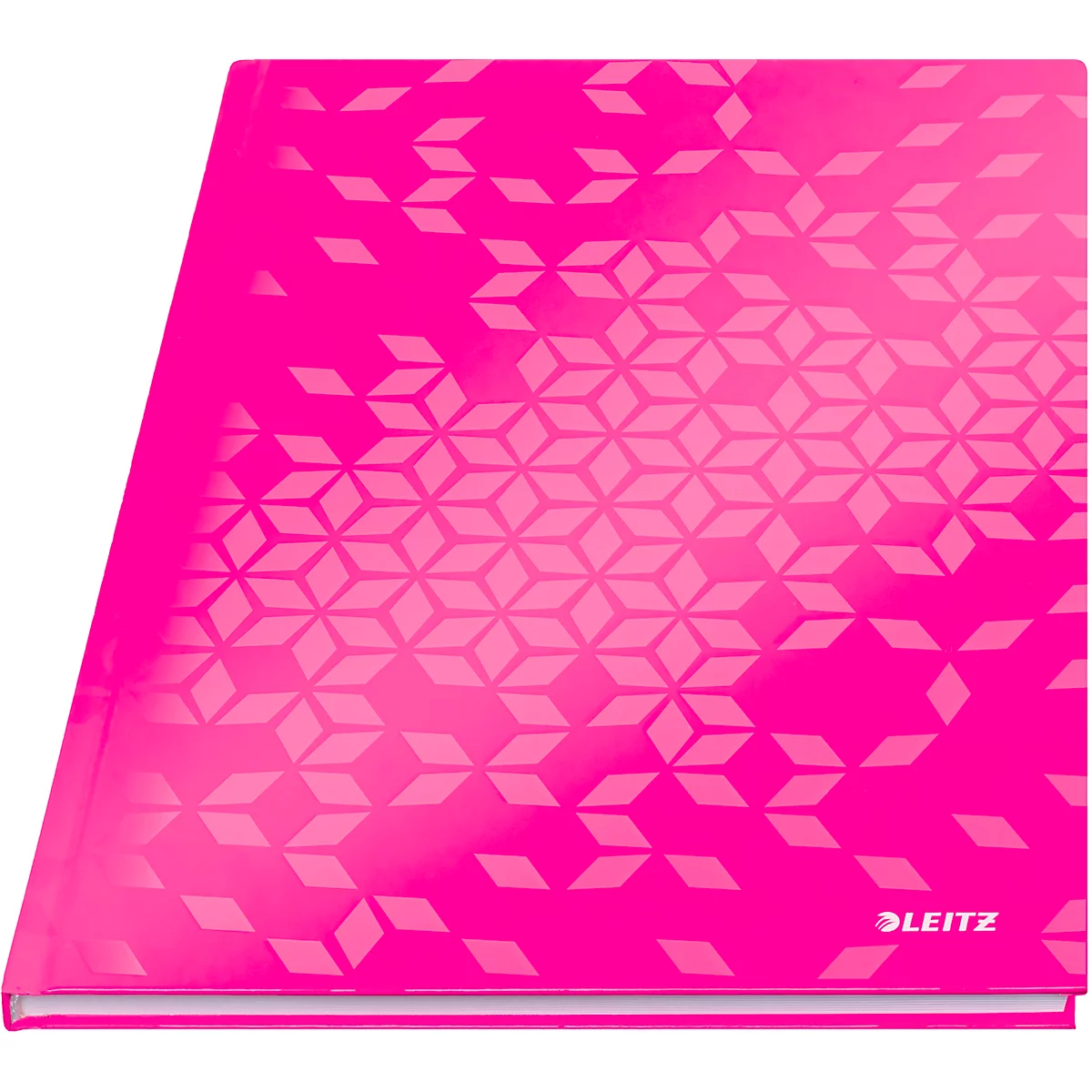 Een roze notitieboek met geometrisch patroon en de tekst "LEITZ".