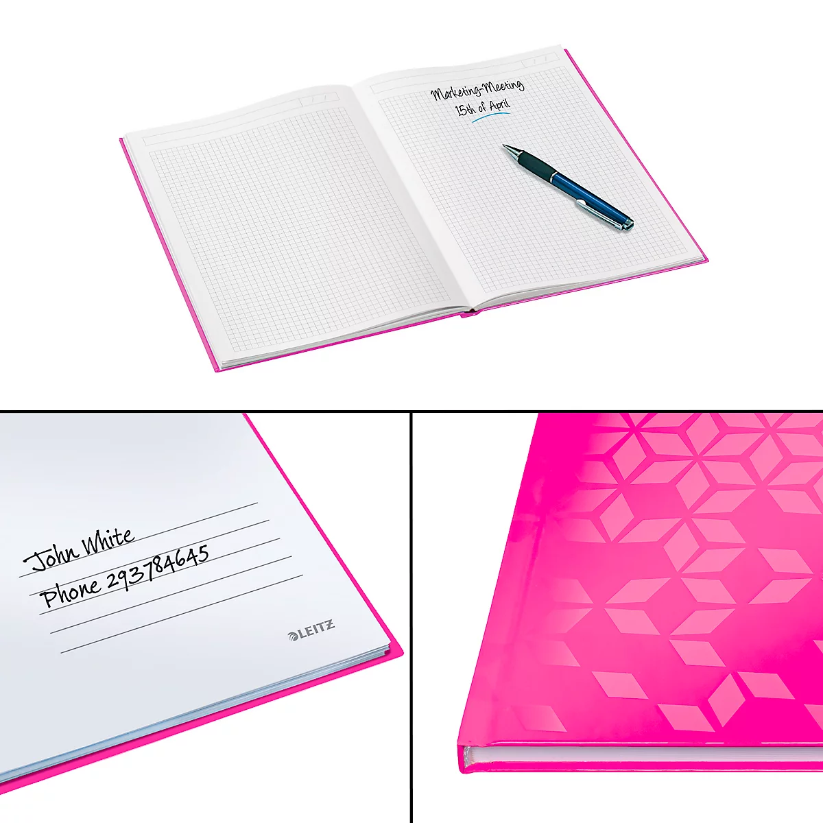 Roze notitieboek, open met aantekeningen en pen. Detail: Naam en telefoonnummer. Rechthoekig patroon op de omslag.