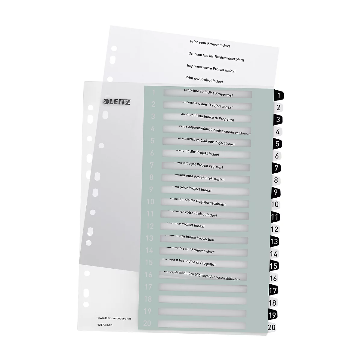 Registerblatt mit 20 Registern, transparenten Lochfolien, Leitz Logo und Textzeilen.