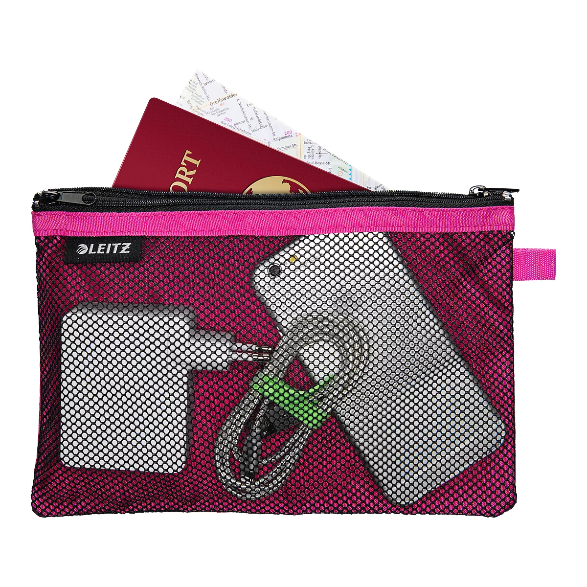 Leitz WOW Traveller Zip-Beutel, durchsichtiges Netzfach & blickdichtes Fach, Größe L, pink
