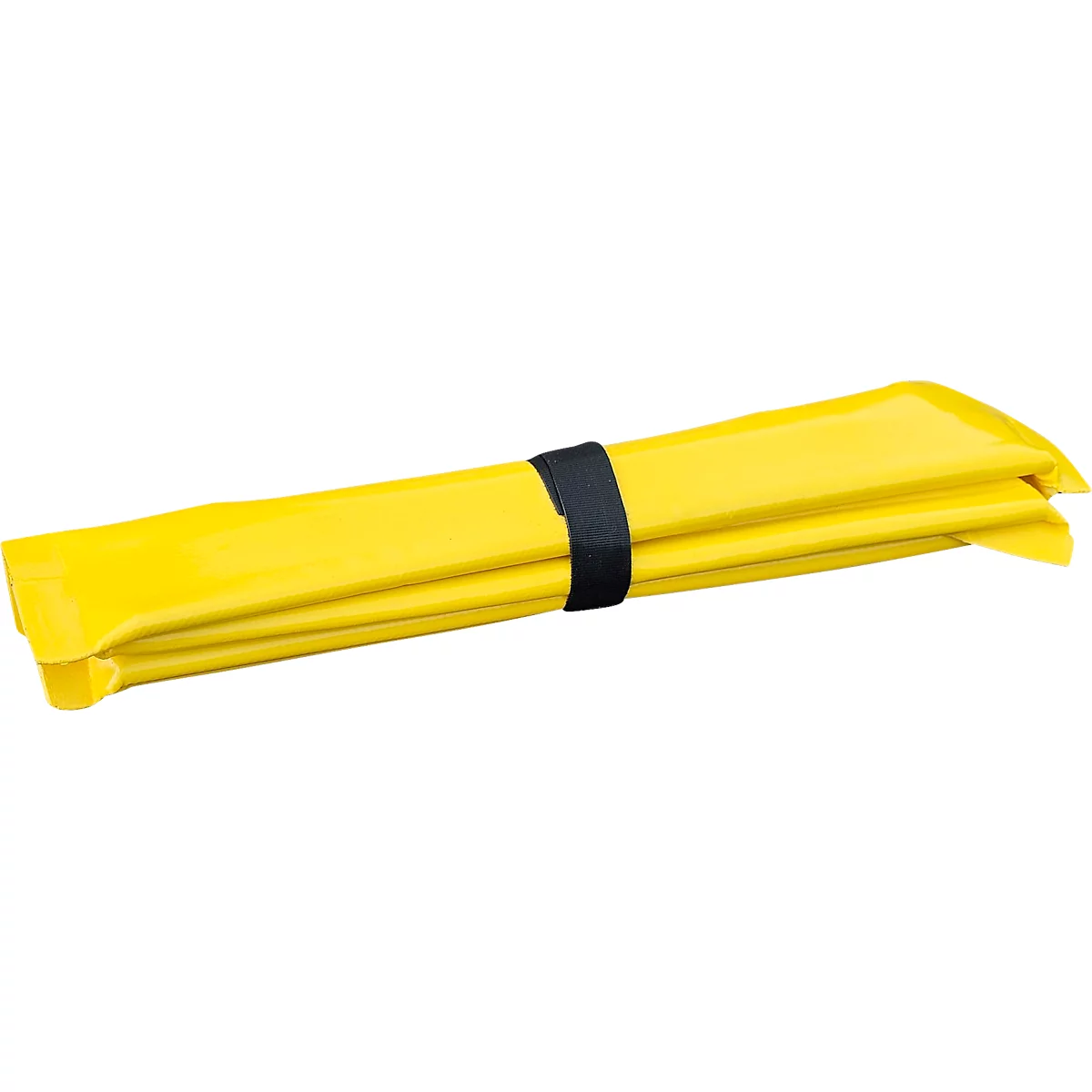 Geel, opgerold gereedschap met een zwarte rubberen band. Het oppervlak is glad.
