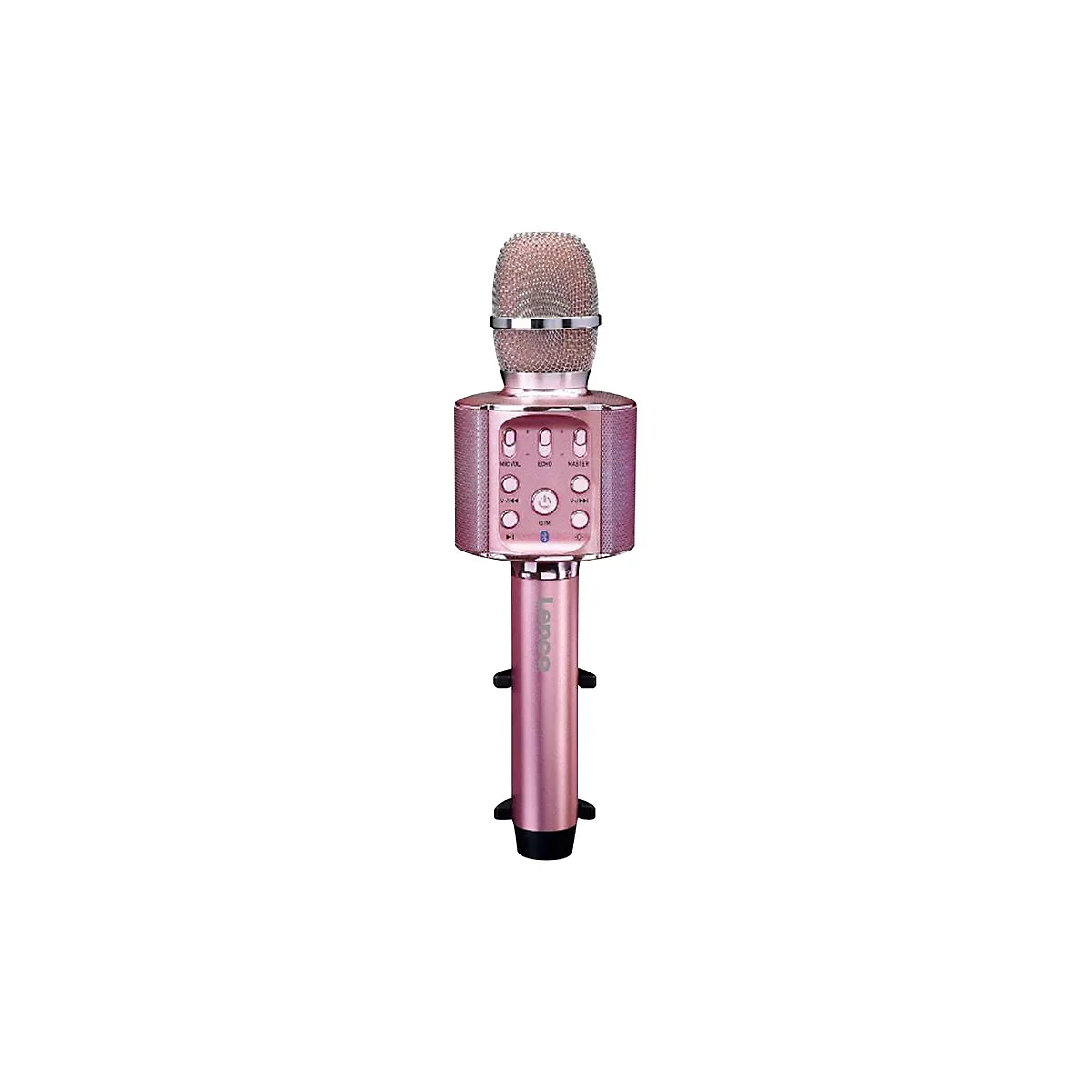 Rosa Karaoke-Mikrofon mit eingebautem Lautsprecher und Bedienelementen vor weißem Hintergrund.