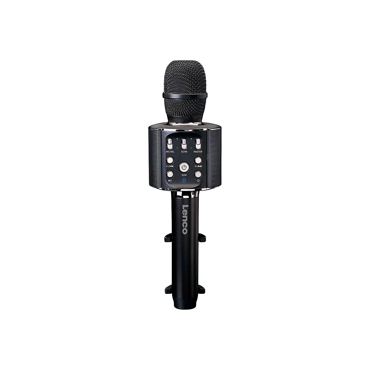 Schwarzes Lenco Karaoke-Mikrofon mit integrierten Bedienelementen und Lautsprecher auf weißem Hintergrund.