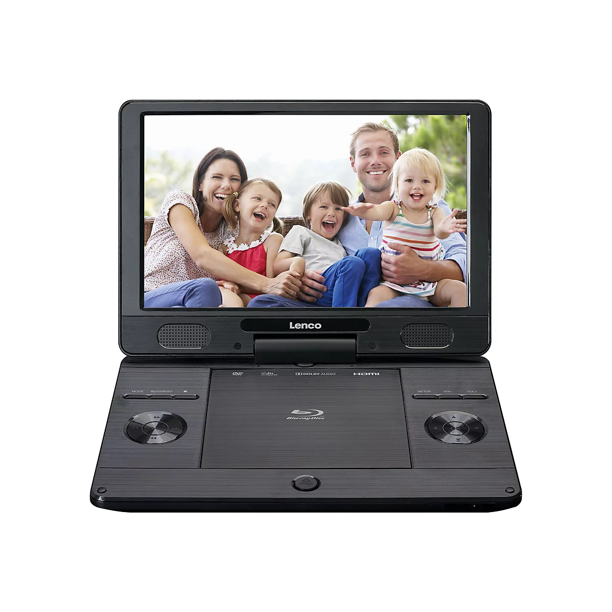 Tragbarer Lenco Blu-ray-Player zeigt eine glückliche Familie auf dem Bildschirm.