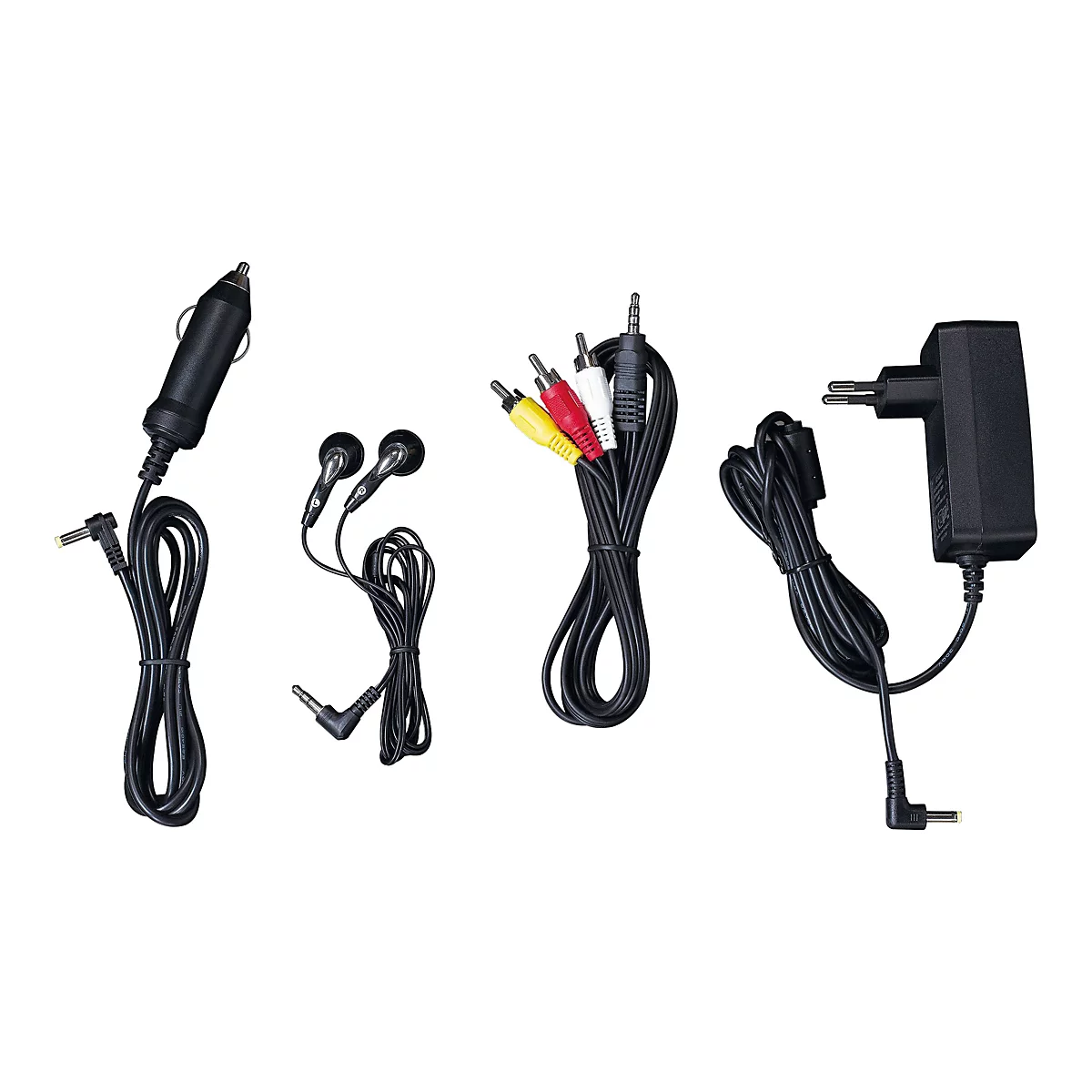 Vier verschiedene elektronische Kabel und Zubehörteile vor weißem Hintergrund.
