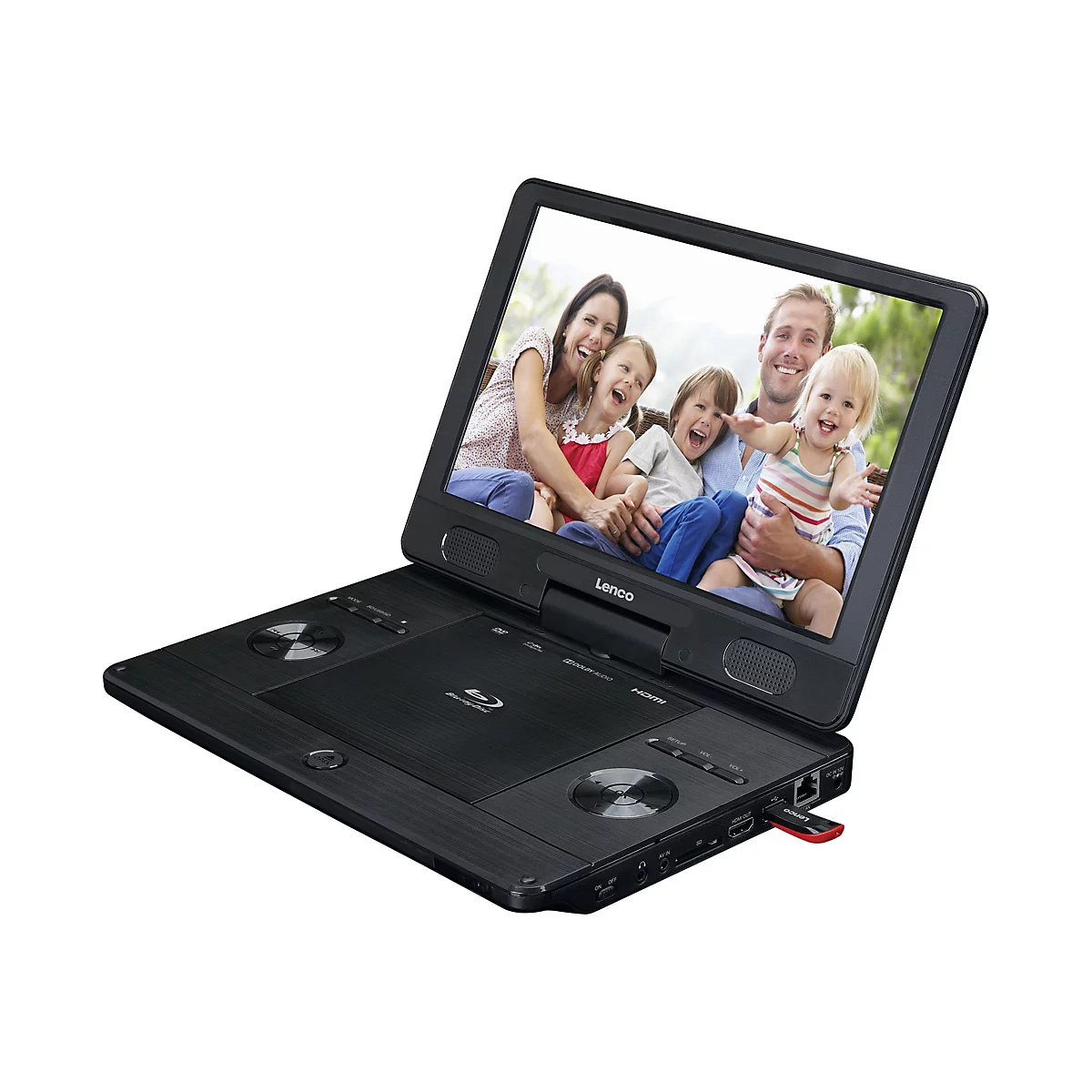 Tragbarer Lenco Blu-ray Player mit aufgeklapptem Bildschirm, der eine glückliche Familie zeigt.
