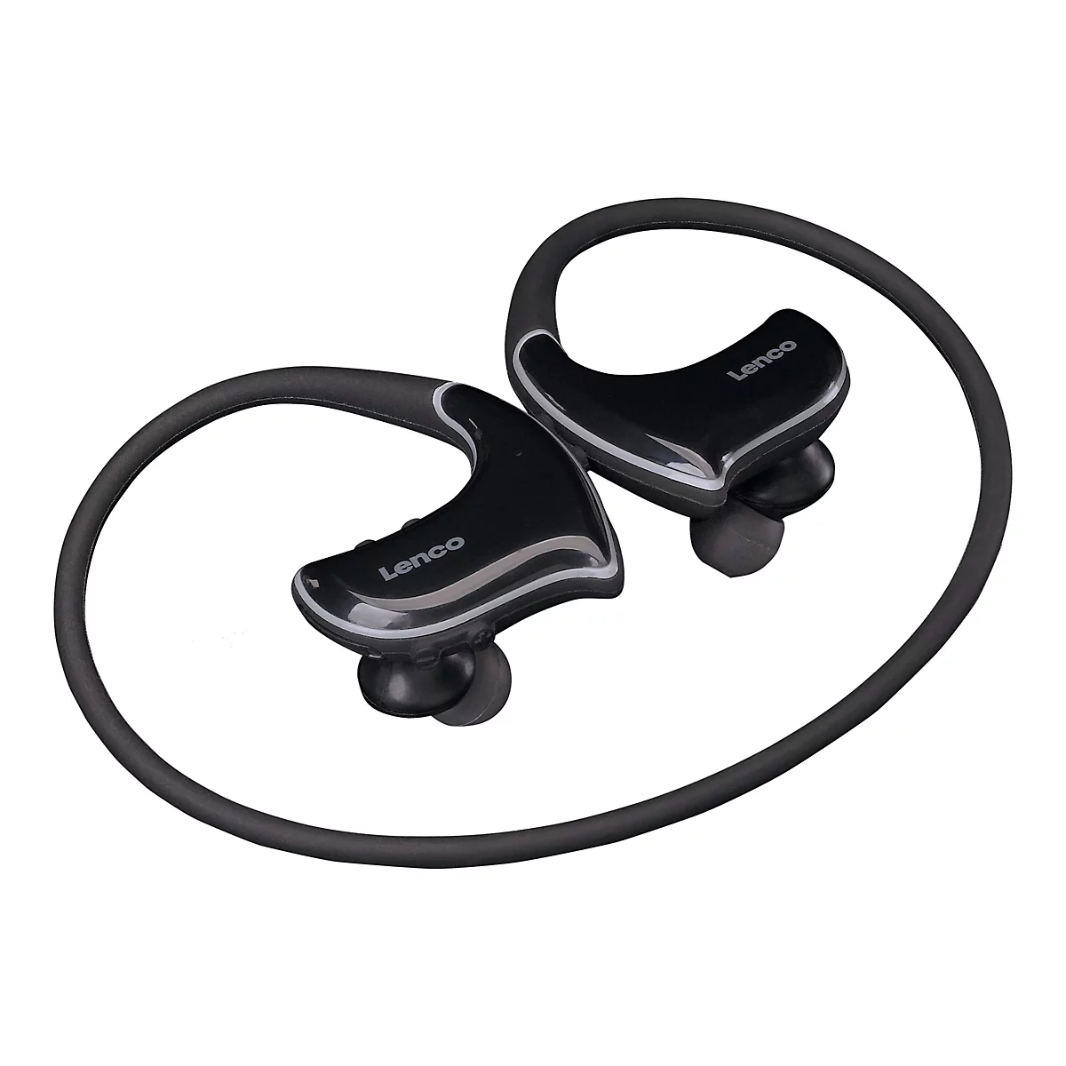 Schwarze In-Ear-KopfhÃ¶rer mit BÃ¼geln und Lenco-Schriftzug.