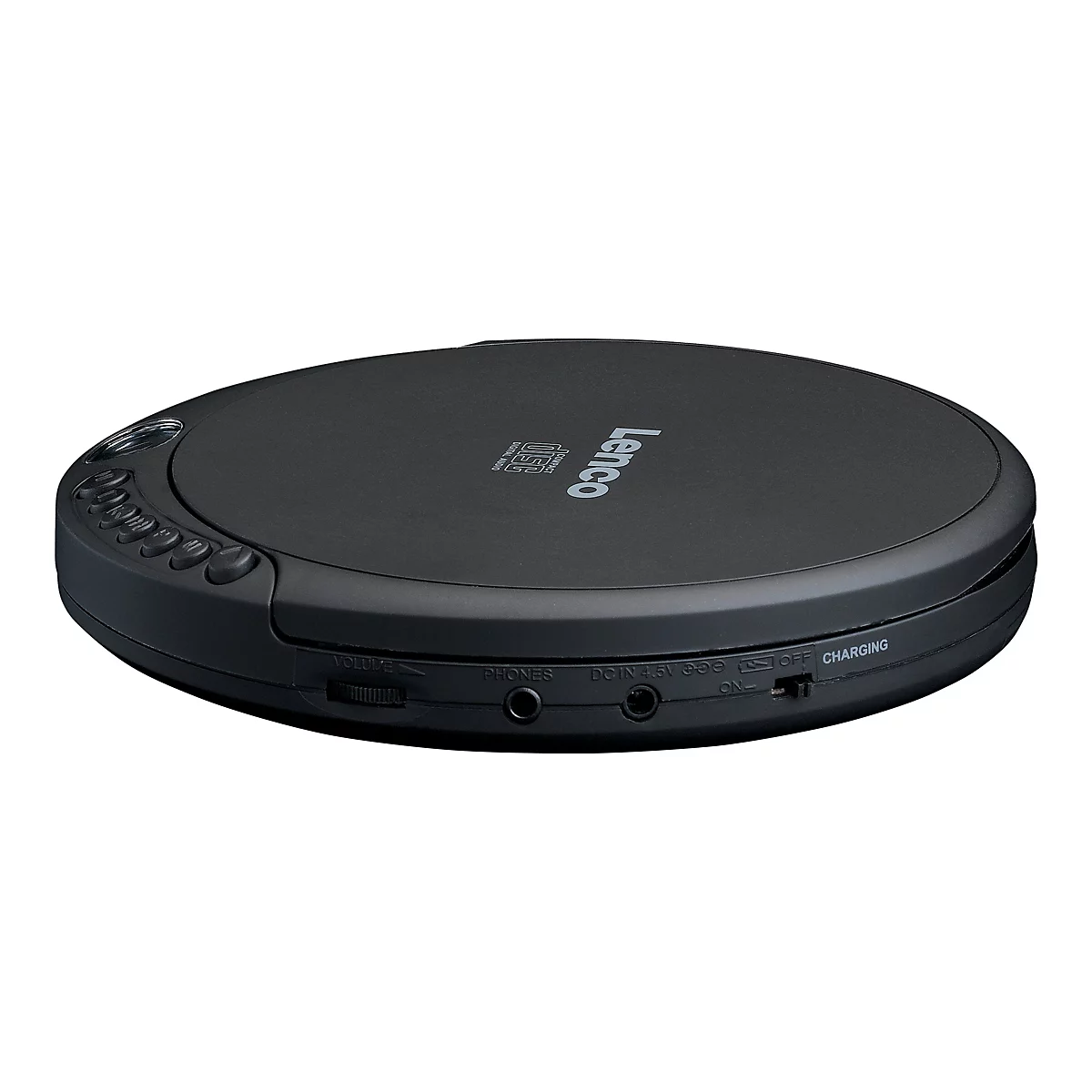Schwarzer Lenco CD-Player in Draufsicht mit Tasten und Anschlüssen vor weißem Hintergrund.