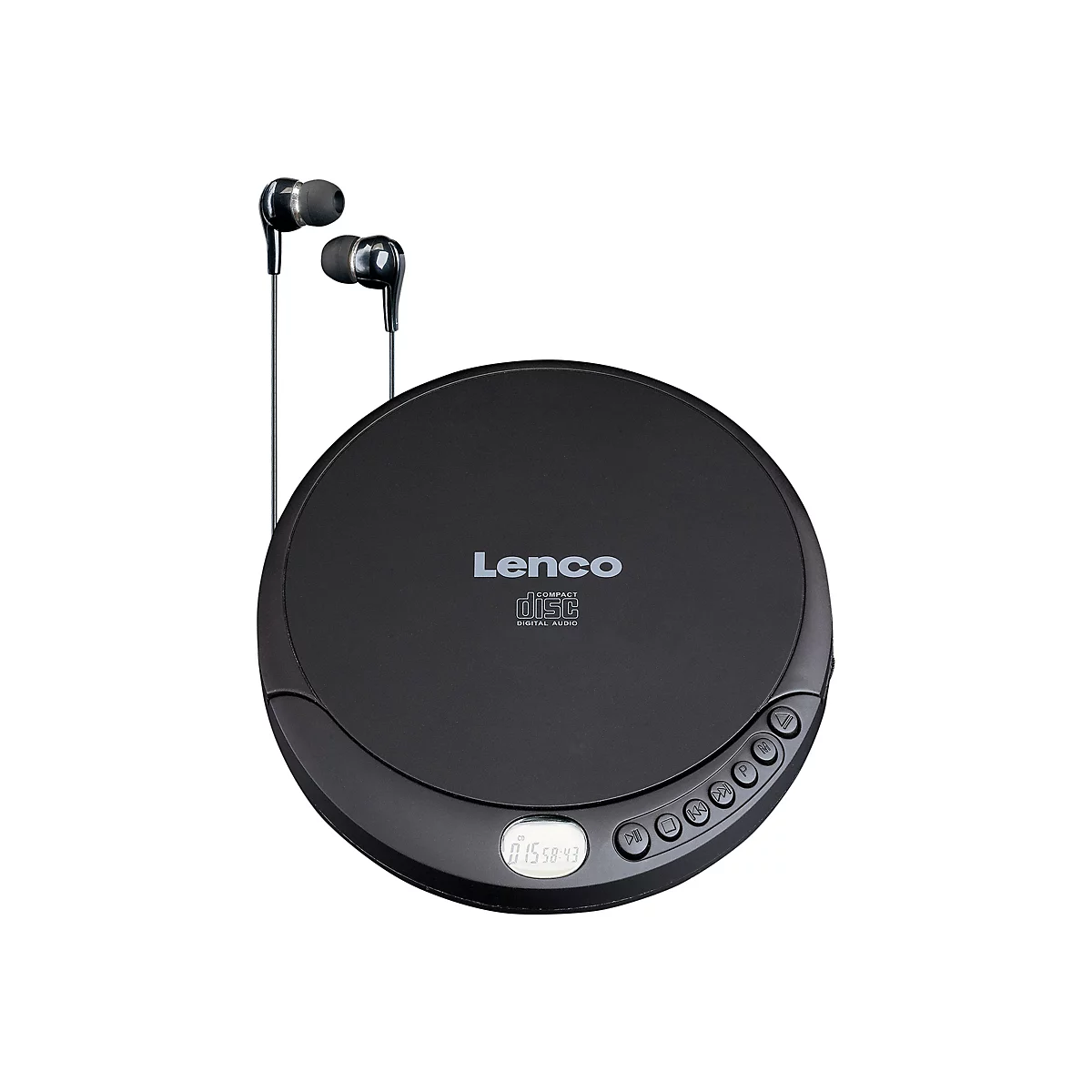 Schwarzer, runder Lenco CD-Player mit Kopfhörern und Bedienknöpfen auf weißem Hintergrund.