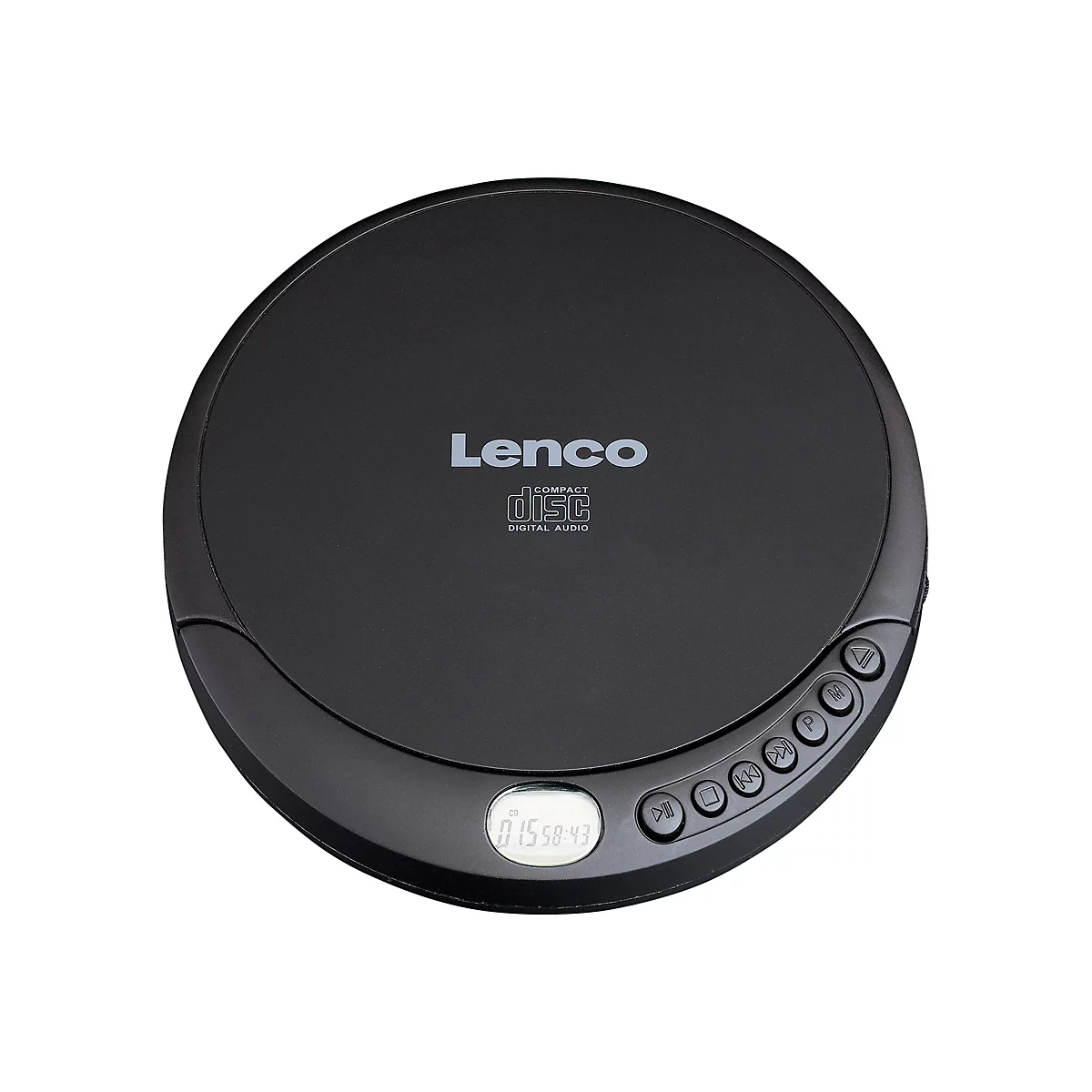 Schwarzer, runder tragbarer CD-Player von Lenco mit LCD-Display und Bedienknöpfen auf weißem Hintergrund.