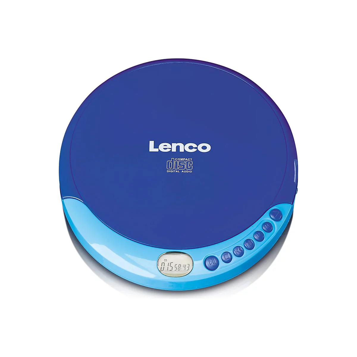 Runder, dunkelblauer Lenco CD-Player mit hellblauem Bedienfeld und Digitalanzeige vor weißem Hintergrund.