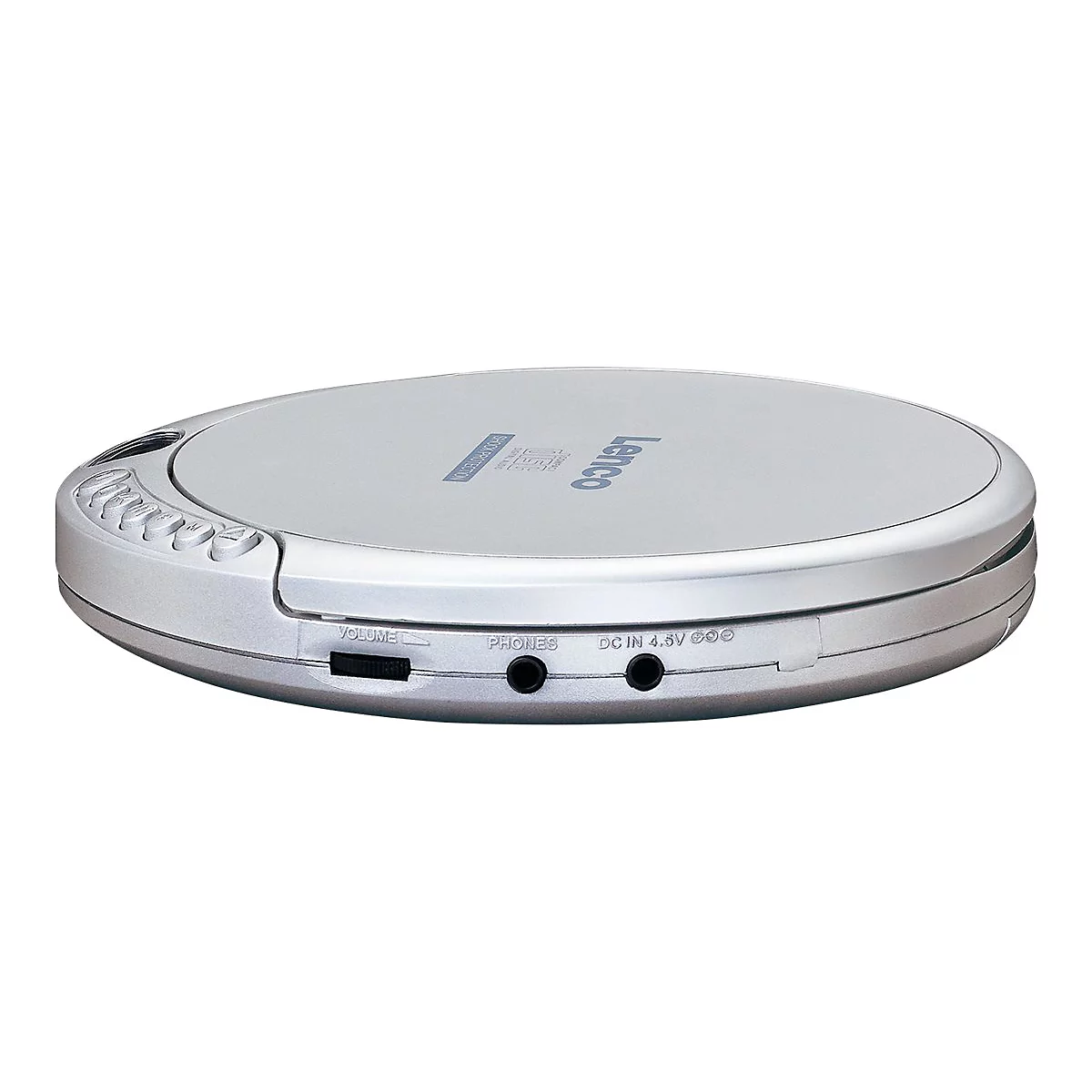 Silberner, runder tragbarer CD-Player der Marke Lenco vor weißem Hintergrund mit seitlichem Lautstärkeregler.