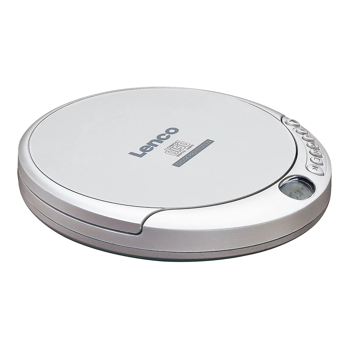 Silberner, runder tragbarer Lenco CD-Player mit Tasten an der Seite und digitaler Anzeige auf weißem Hintergrund.