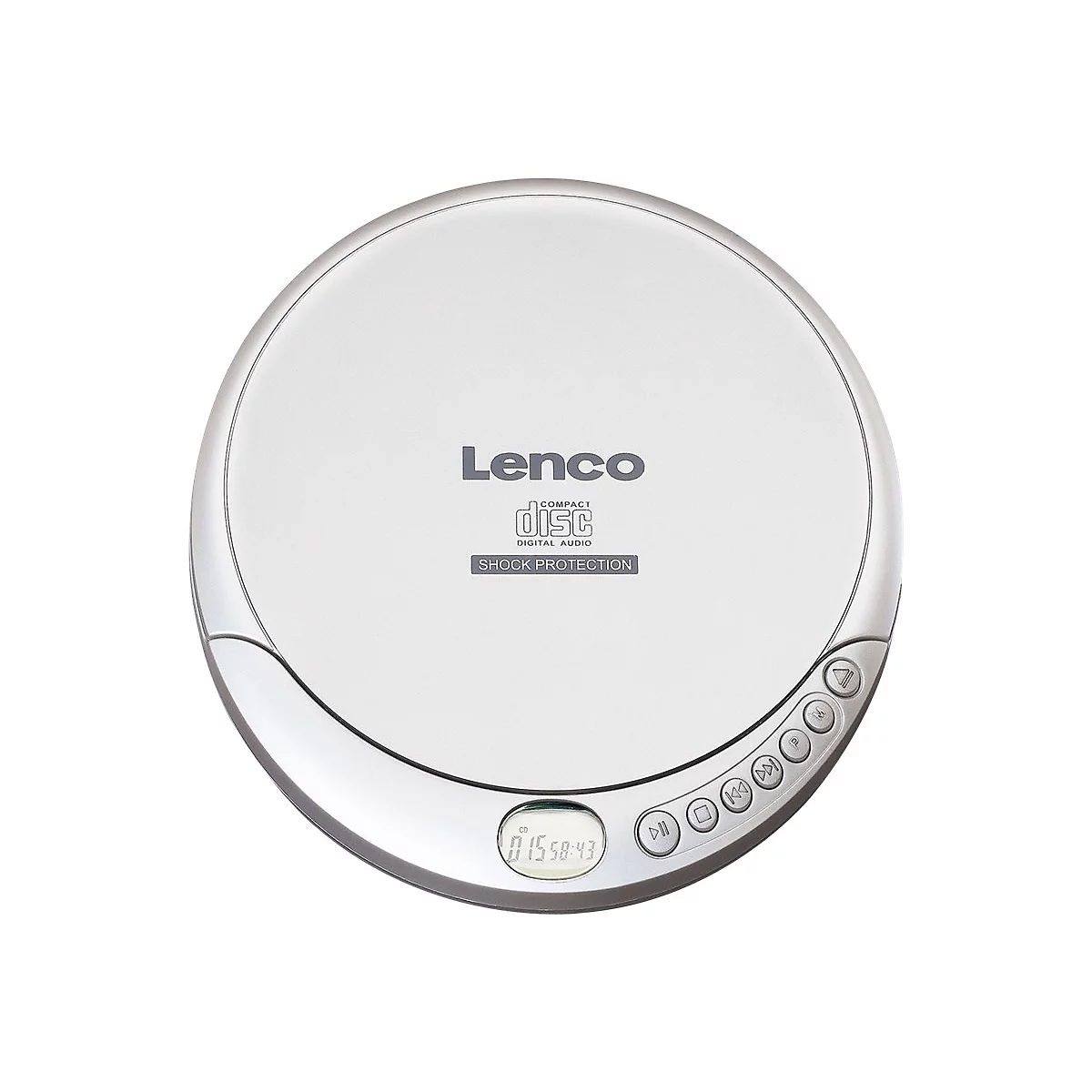 Silberner, runder Lenco CD-Player mit Digitalanzeige und Tastenbedienung auf weißem Grund.