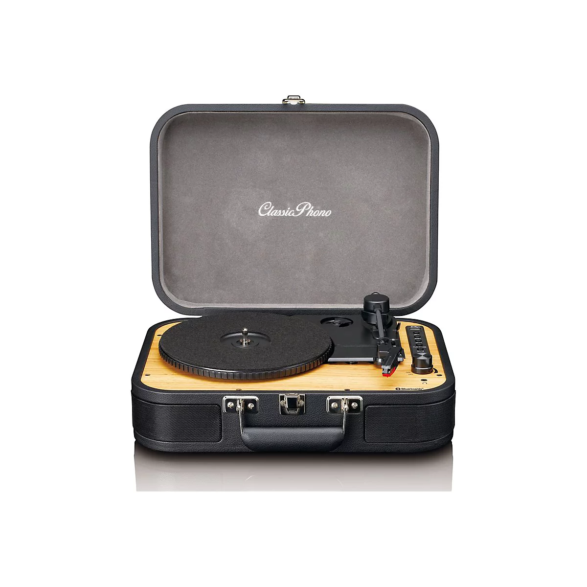 Koffer-Plattenspieler im Vintage-Design mit Holzoptik, schwarzem Gehäuse und 'Classic Phono' Schriftzug.