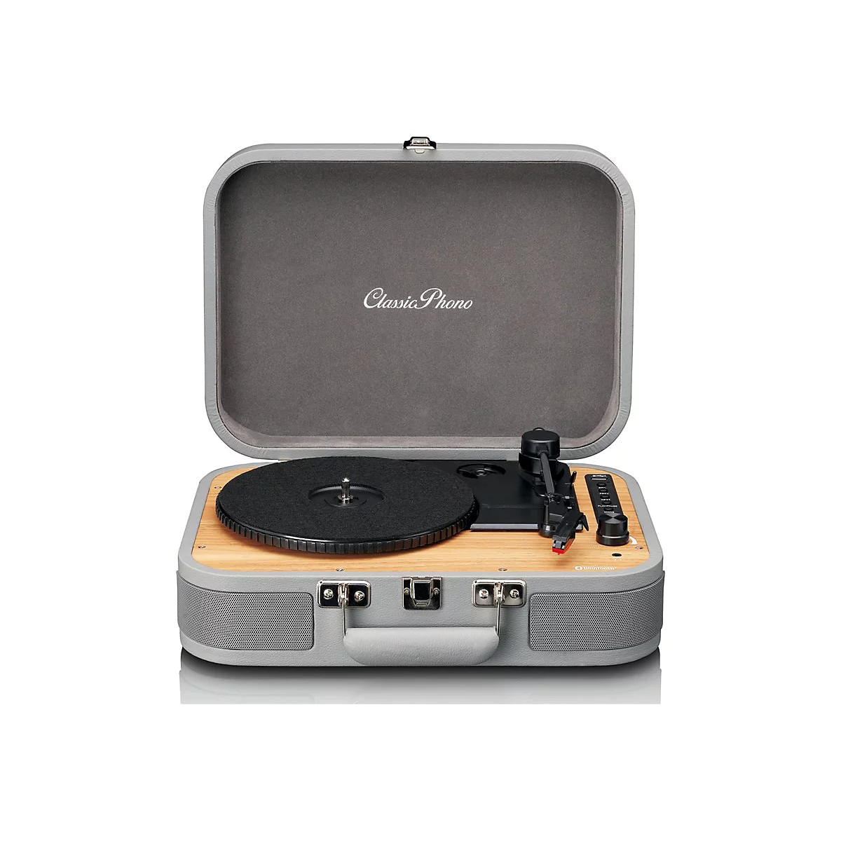 Koffer-Plattenspieler in Grau mit Holzeinlage und Classic Phono Schriftzug im geöffneten Zustand.