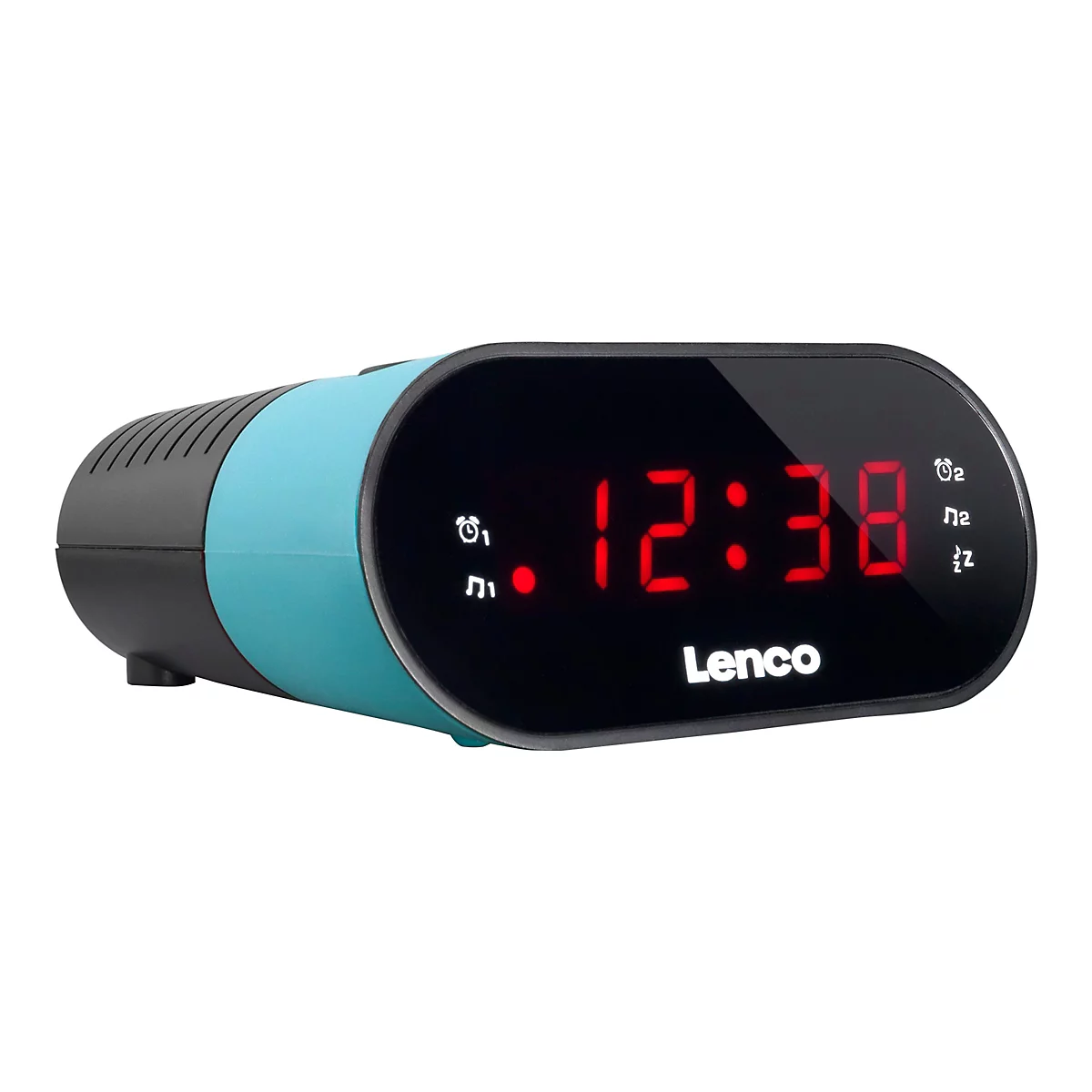 Türkis-schwarzer Lenco Radiowecker mit roter Digitalanzeige 12:38 auf schwarzem Display.