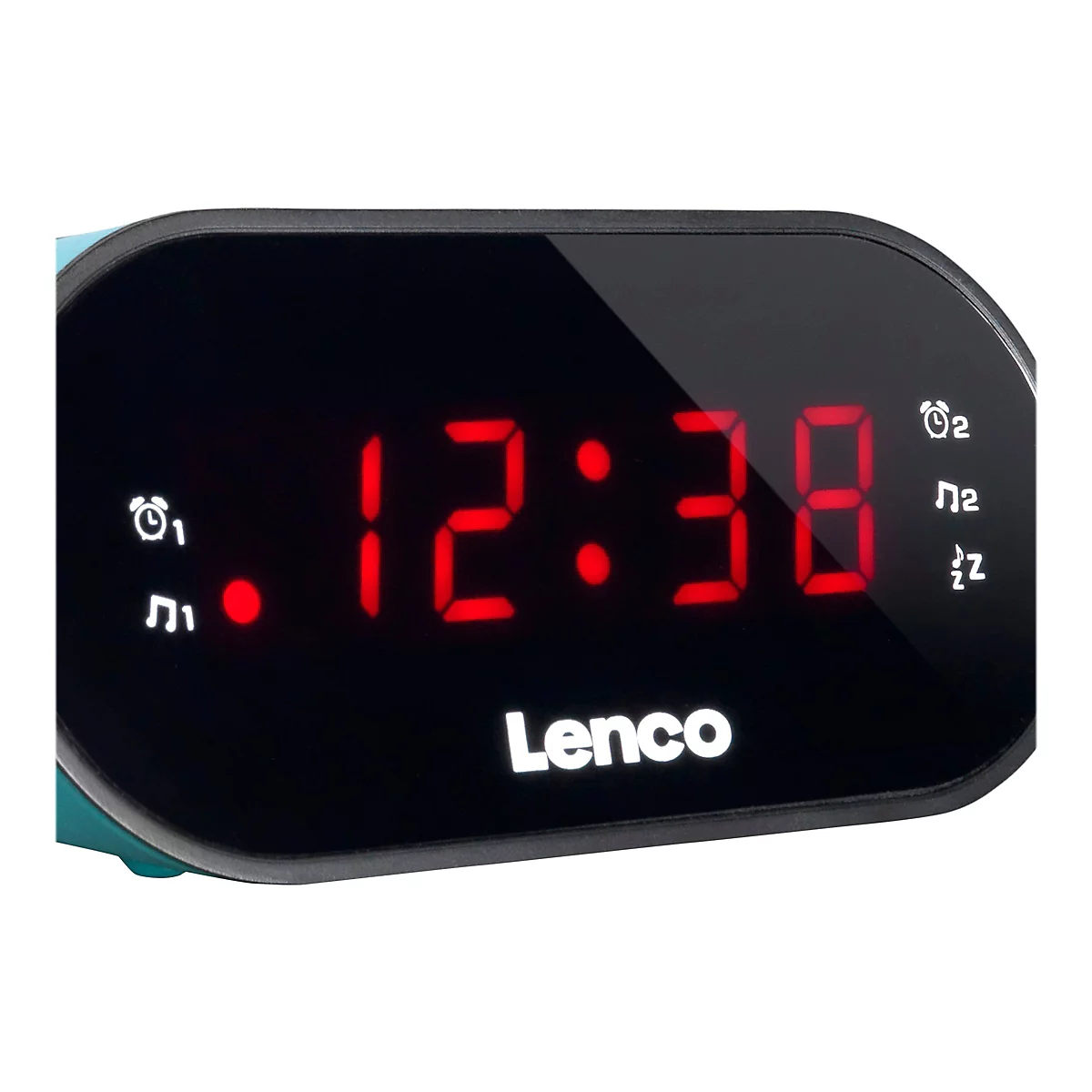 Digitale Lenco-Weckeranzeige mit roter 12:38 Uhrzeit auf schwarzem Bildschirm und Symbolen.