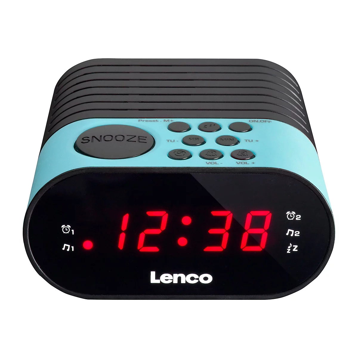 Lenco Radiowecker mit schwarzem Gehäuse, türkisfarbener Oberseite und roter Digitalanzeige, die 12:38 Uhr zeigt.