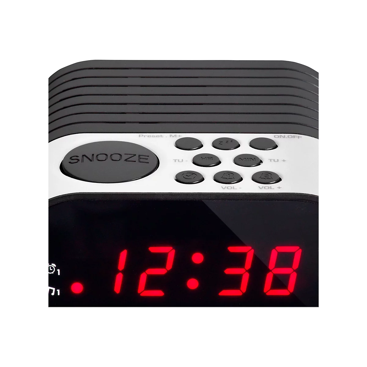 Nahaufnahme eines digitalen Radioweckers mit roter LED-Anzeige 12:38 und Bedientasten oben.