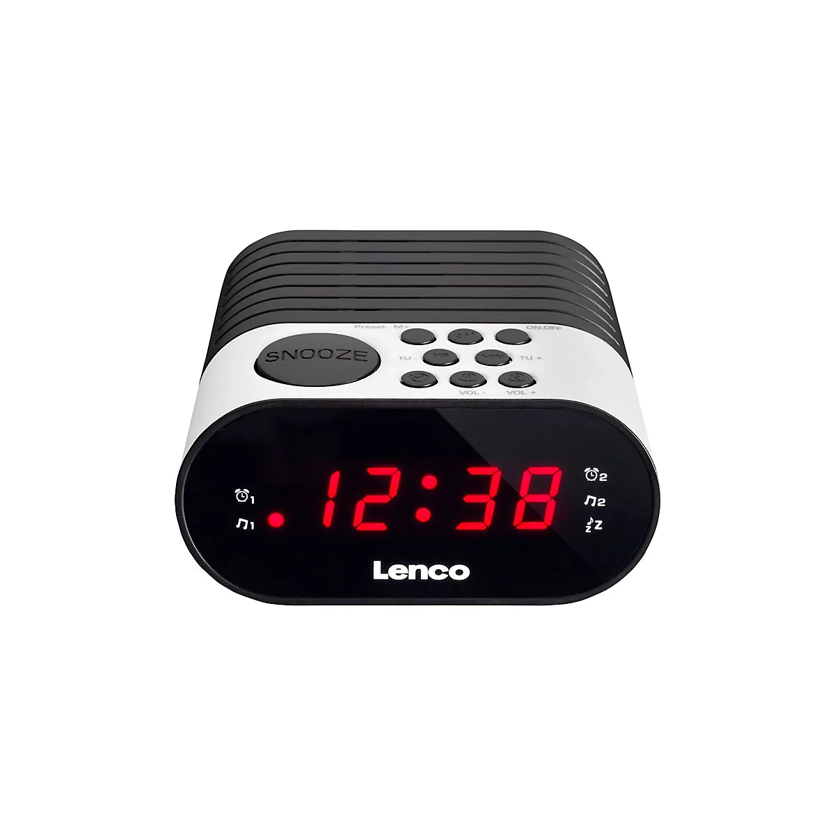 Ein schwarzer und weiÃŸer Lenco-Wecker zeigt 12:38 Uhr mit roten LEDs. Snooze-Taste, KnÃ¶pfe oben.
