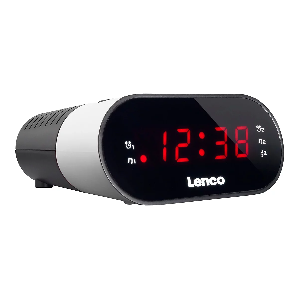 Lenco Radiowecker mit schwarzer Front, roter Digitalanzeige 12:38 und silbernem Gehäuse auf weißem Grund.
