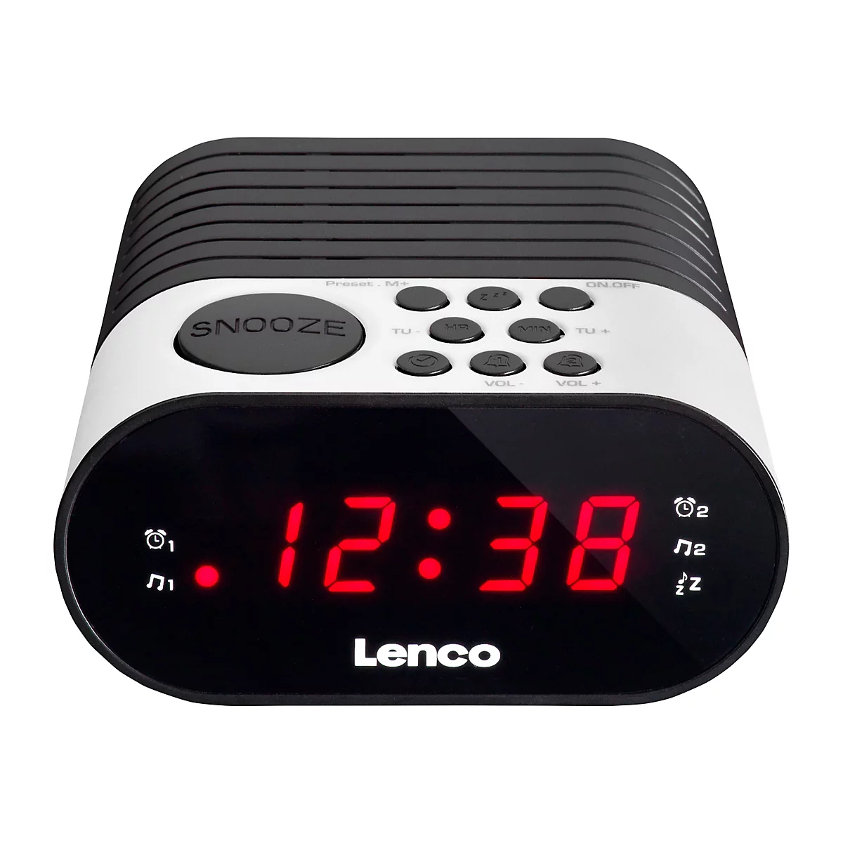 Schwarzer Lenco Radiowecker mit rotem LED-Display zeigt 12:38 Uhr und hat oben diverse Bedientasten.