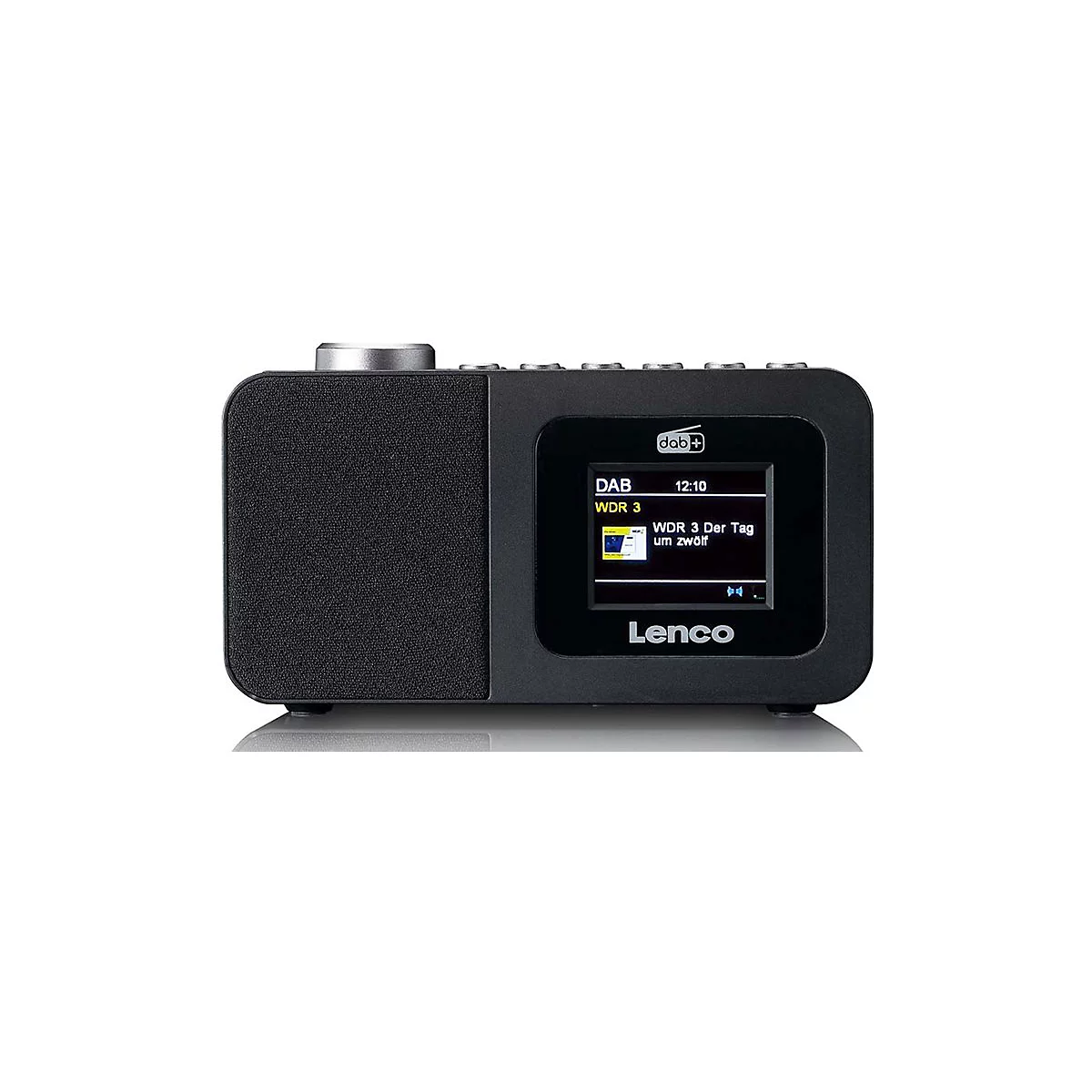 Schwarzes Lenco DAB+ Digitalradio vor weißem Hintergrund mit leuchtendem Display und Lautsprechergitter.