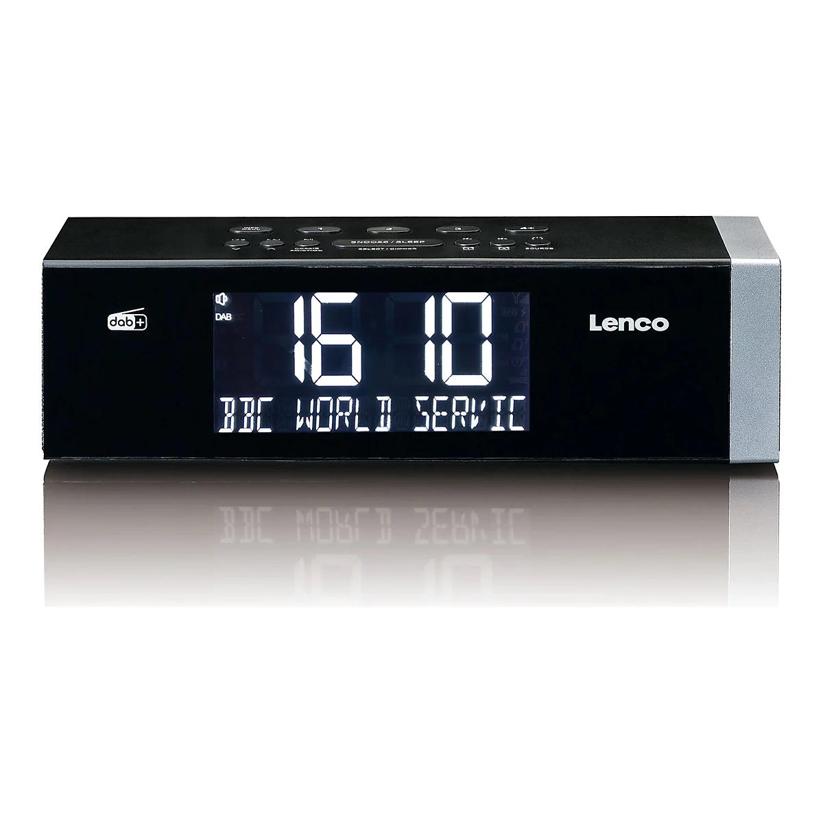 Schwarzes Lenco Digitalradio mit DAB+ und LCD-Display, das die Uhrzeit 16:10 und Sender BBC World Service zeigt.