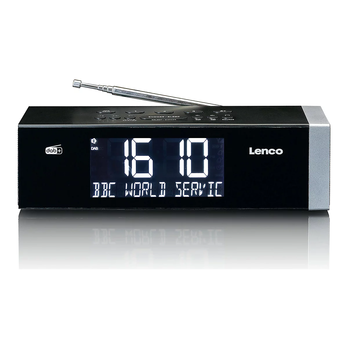 Schwarzes Lenco Digitalradio mit DAB+ Empfang und beleuchteter Digitalanzeige zeigt 16:10 Uhr und BBC World Service.
