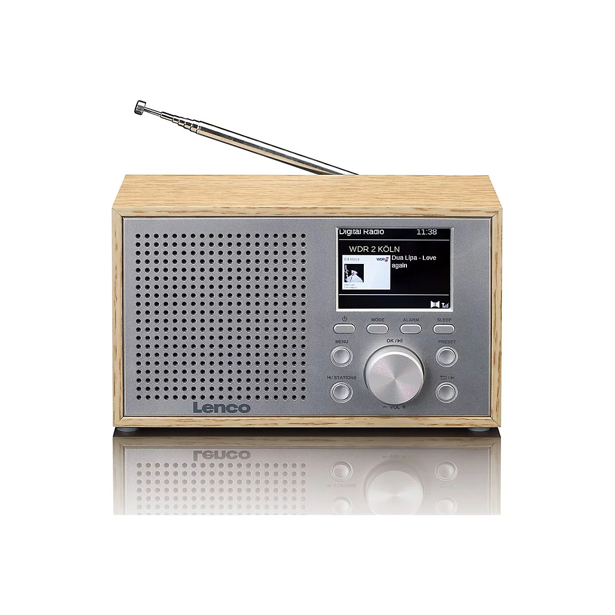 Digitalradio im Holzgehäuse mit Teleskopantenne, Lautsprechergitter, Display und Bedienelementen.