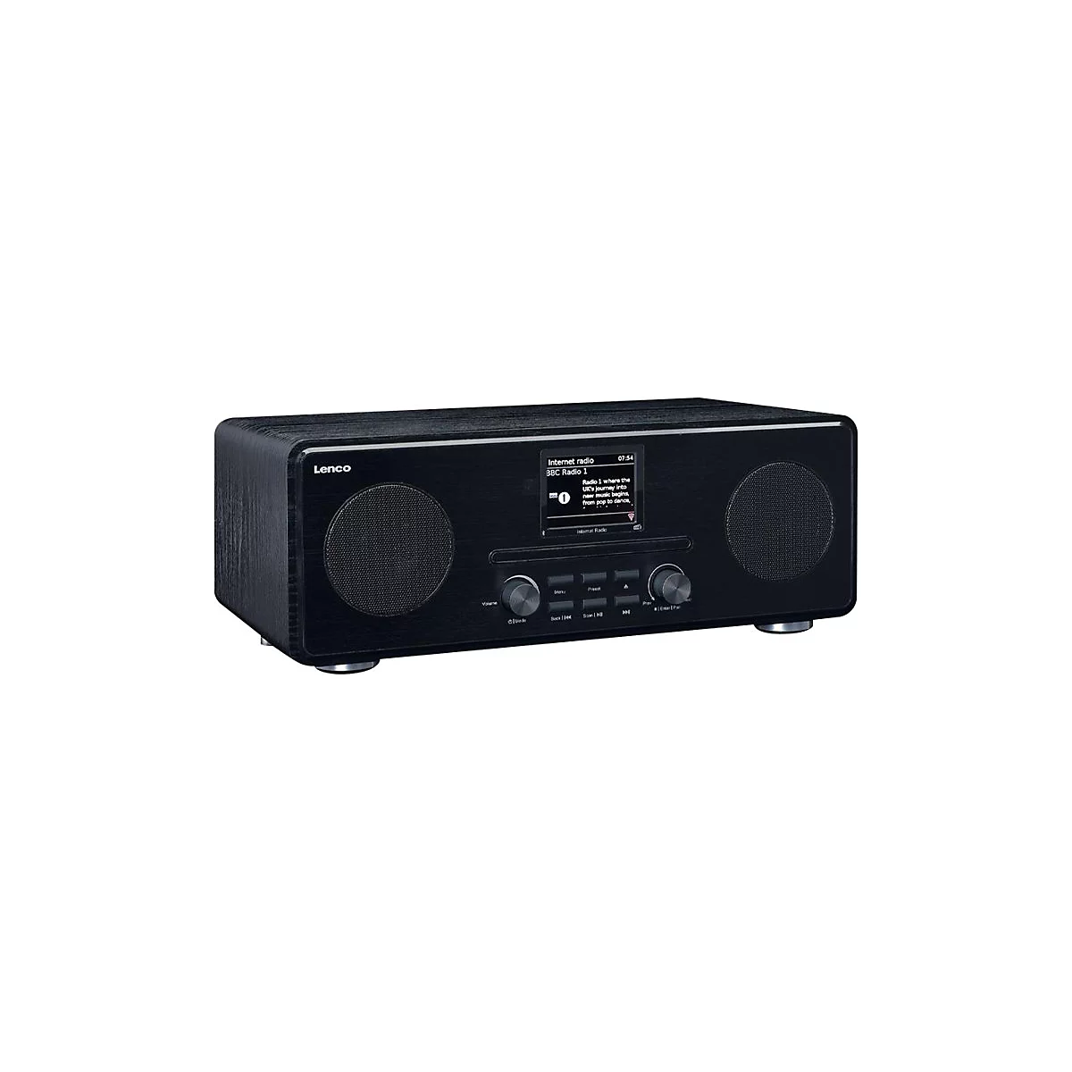 Schwarzes Lenco-Internetradio mit Lautsprechern, Display und Knöpfen. Auf dem Display steht "Internet radio BBC Radio 1".