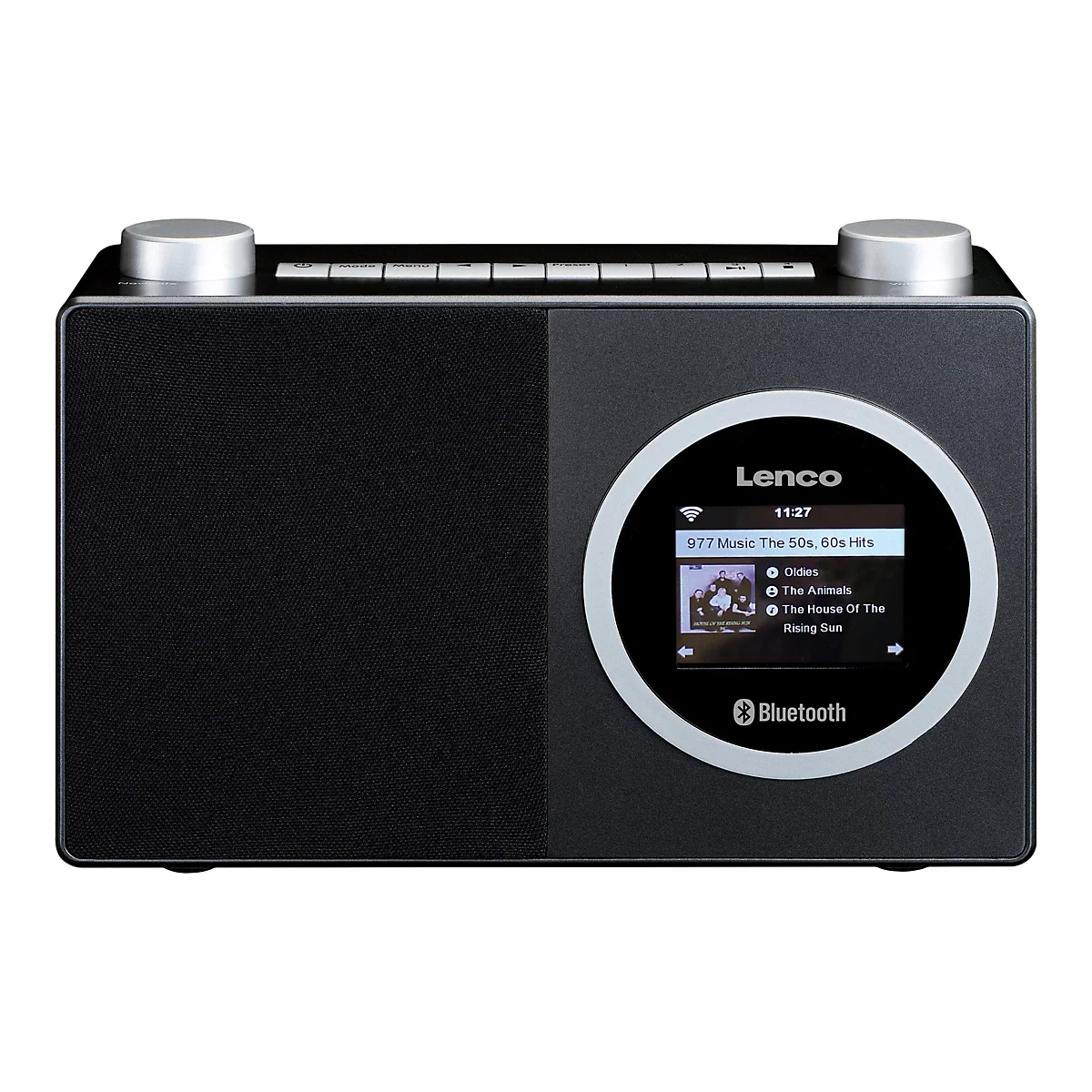 Schwarzes Lenco Digitalradio mit Lautsprechergitter und rundem Display vor weißem Hintergrund.