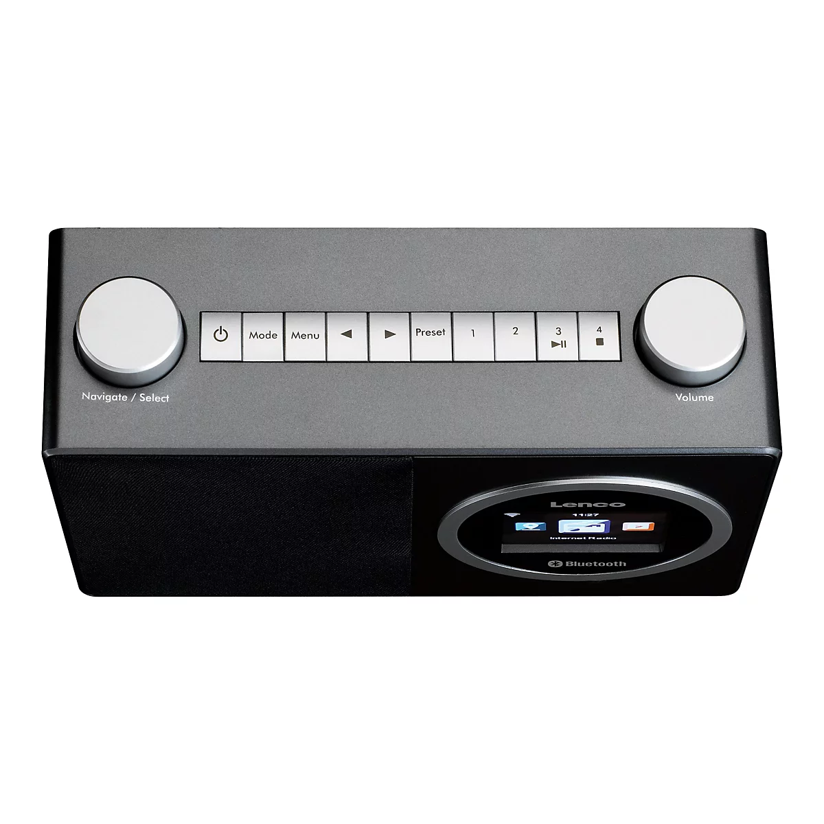 Draufsicht auf ein schwarzes Lenco Radio mit silbernen Drehknöpfen und Bedientasten sowie einem runden Farbdisplay.