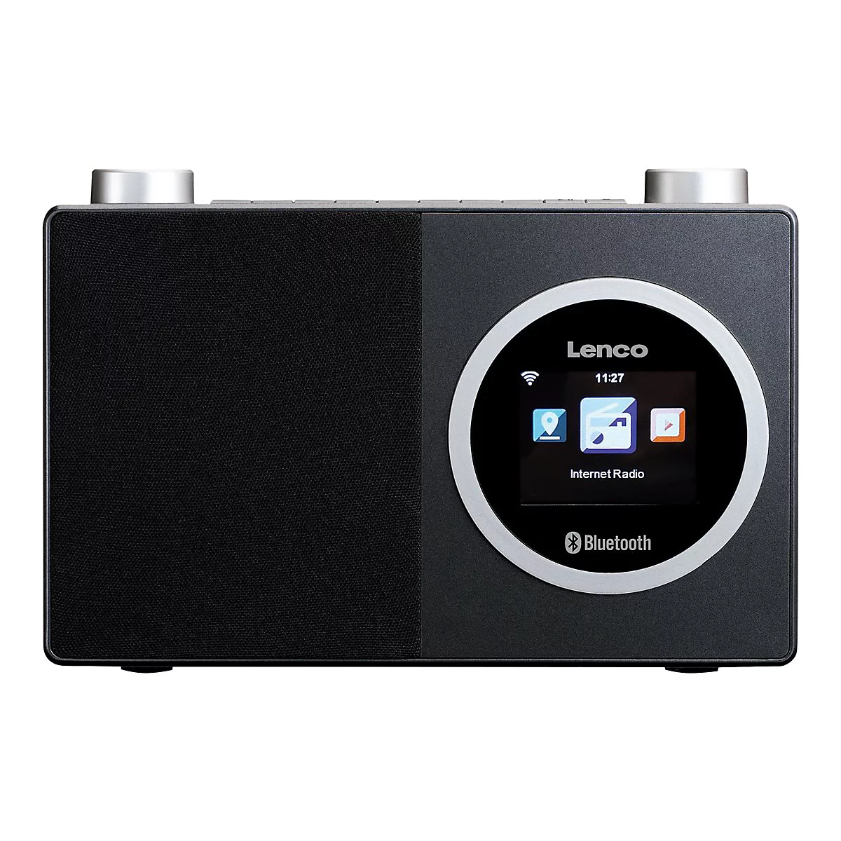 Schwarzes Lenco Internetradio, mit Display, LautstÃ¤rkeregler, Bluetooth und Touchscreen.