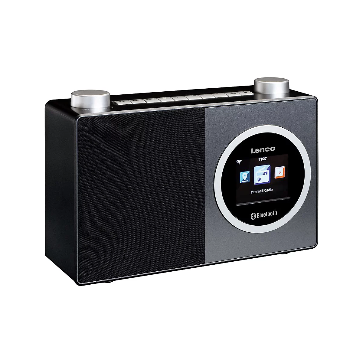 Schwarzes Digitalradio mit silbernen KnÃ¶pfen, Display mit Logo und Bluetooth-Symbol.