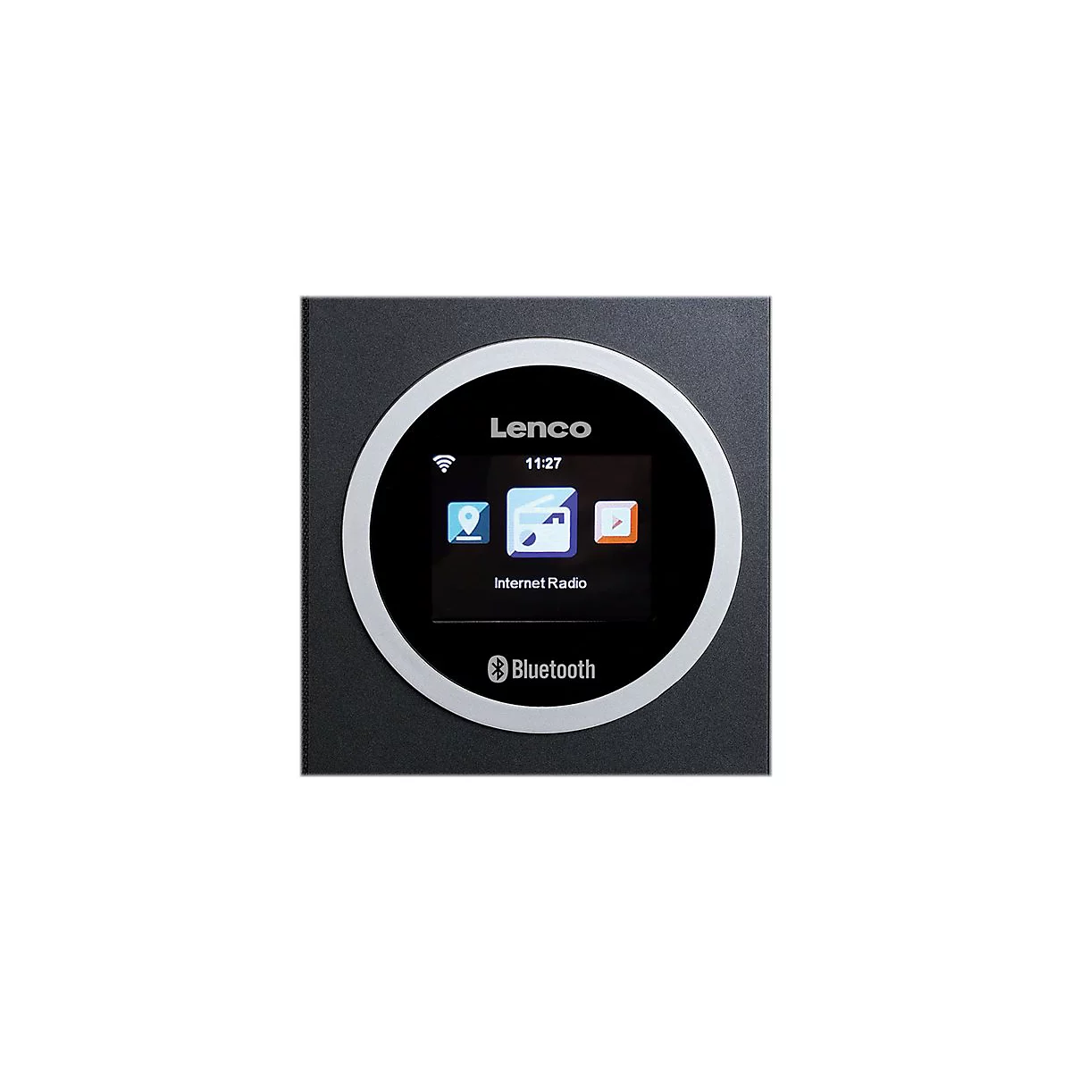 Schwarzes Digitalradio mit rundem Display. Lenco-Schriftzug, Bluetooth-Logo, MenÃ¼symbole und Internet Radio sichtbar.