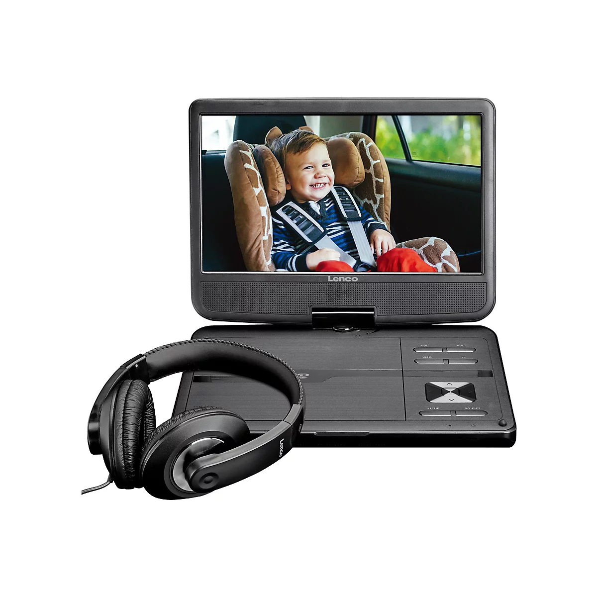Tragbarer Lenco DVD-Player mit Bildschirm und Kopfhörer. Auf dem Display ist ein lachendes Kind im Kindersitz zu sehen.