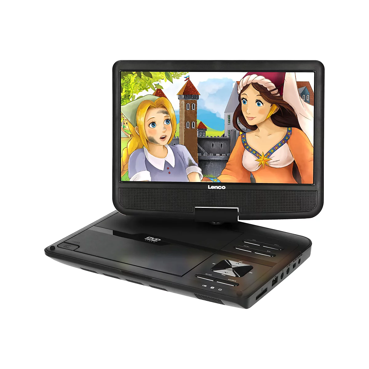 Schwarzer mobiler Lenco DVD-Player zeigt eine animierte Szene mit zwei Prinzessinnen vor einer Burg.