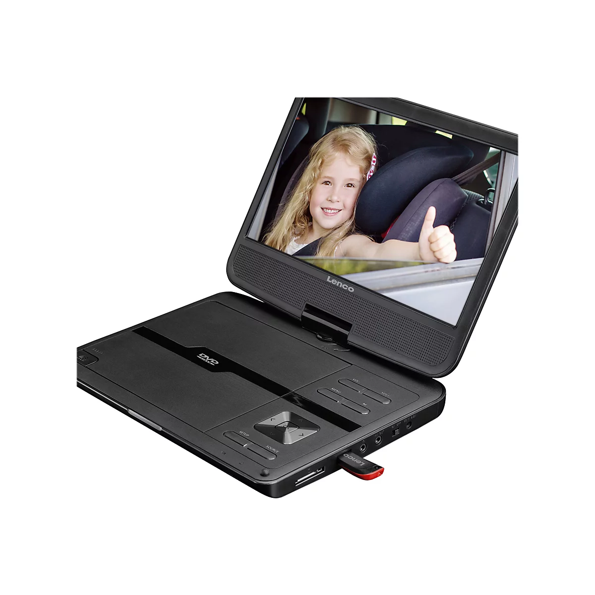 Schwarzer tragbarer DVD-Player von Lenco mit Bildschirm zeigt ein lächelndes Kind im Auto.